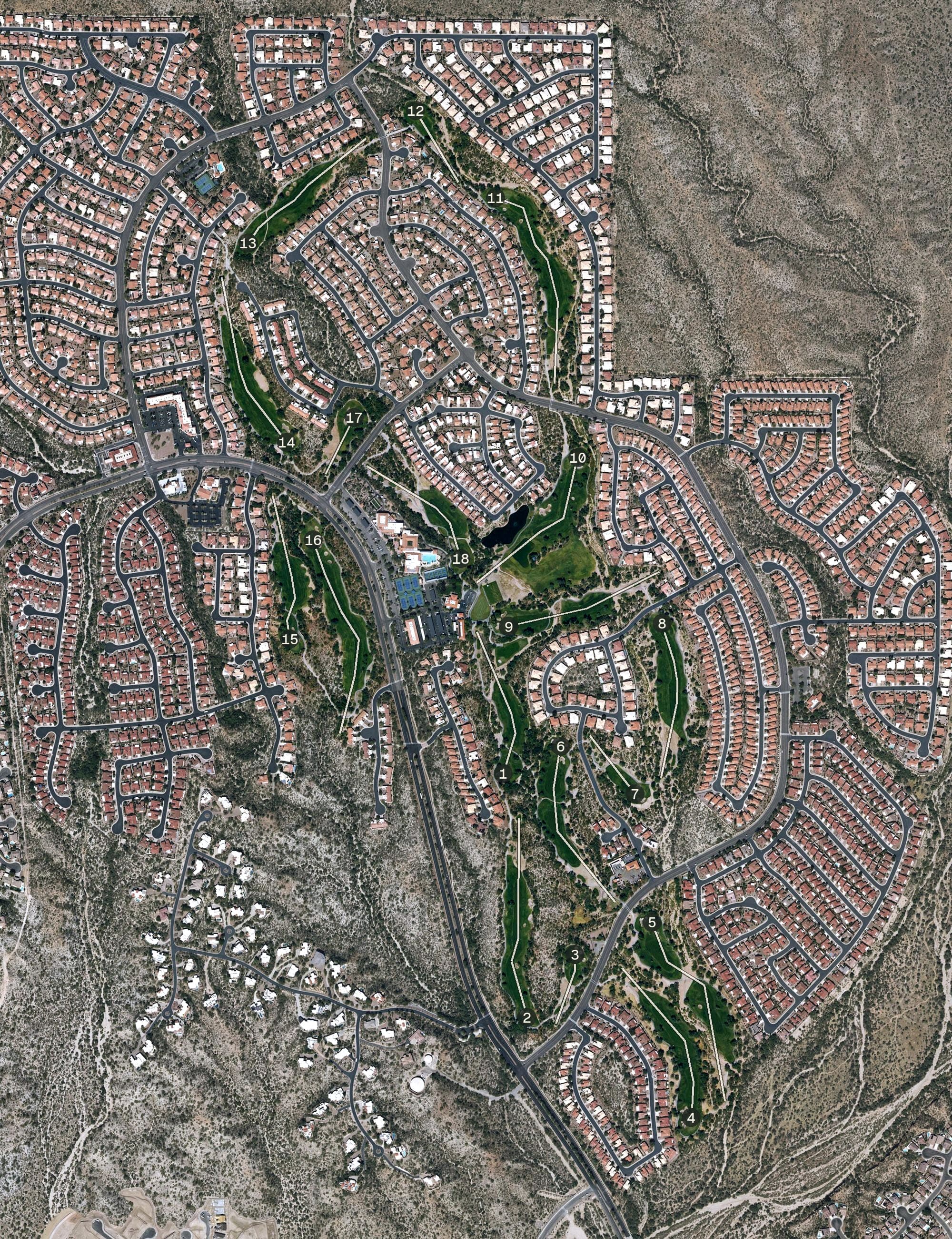 Aerial view of The Views Golf Club, AZ, with its hole routing marked