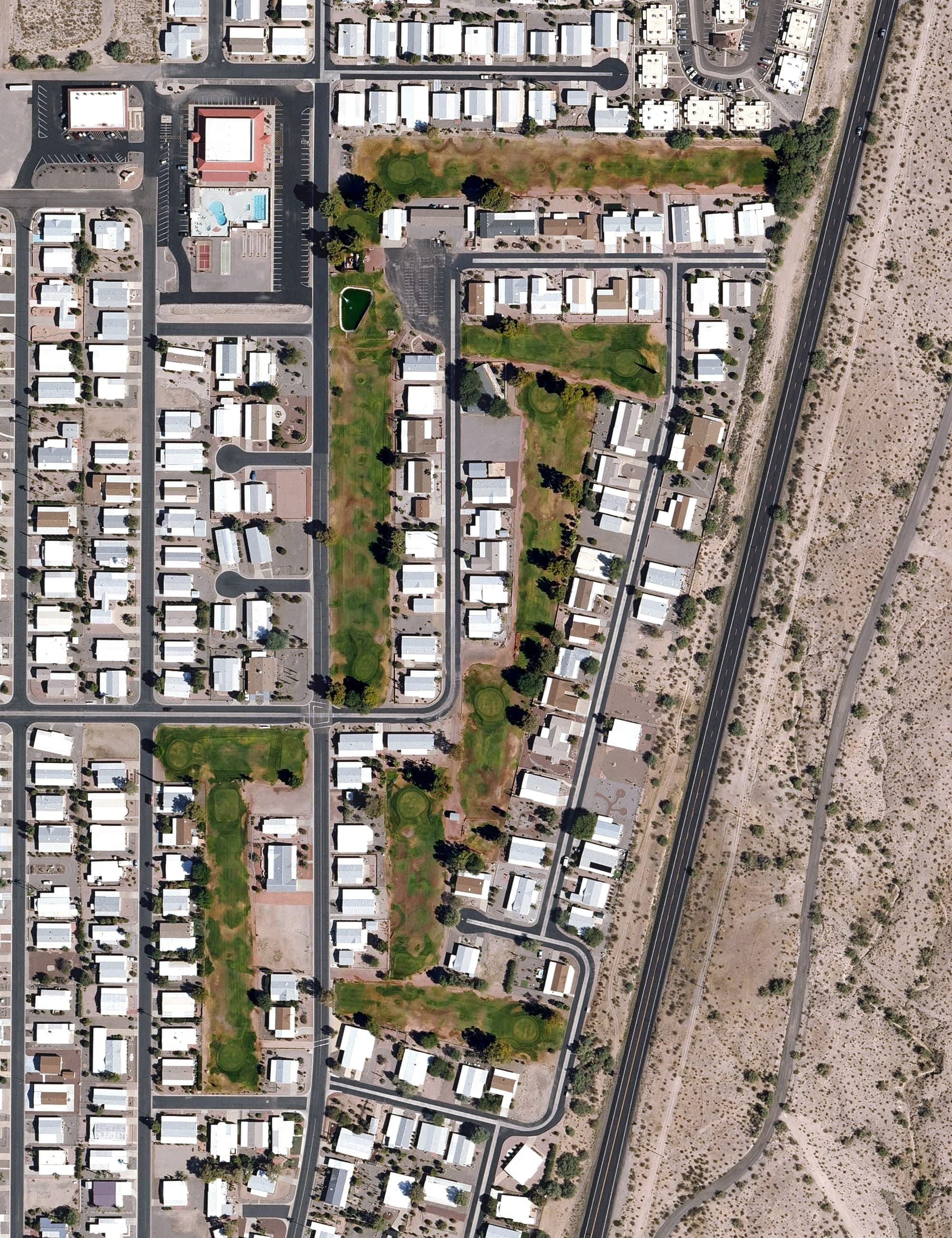 Aerial view of Three Parks Fairways, AZ, with its hole routing marked