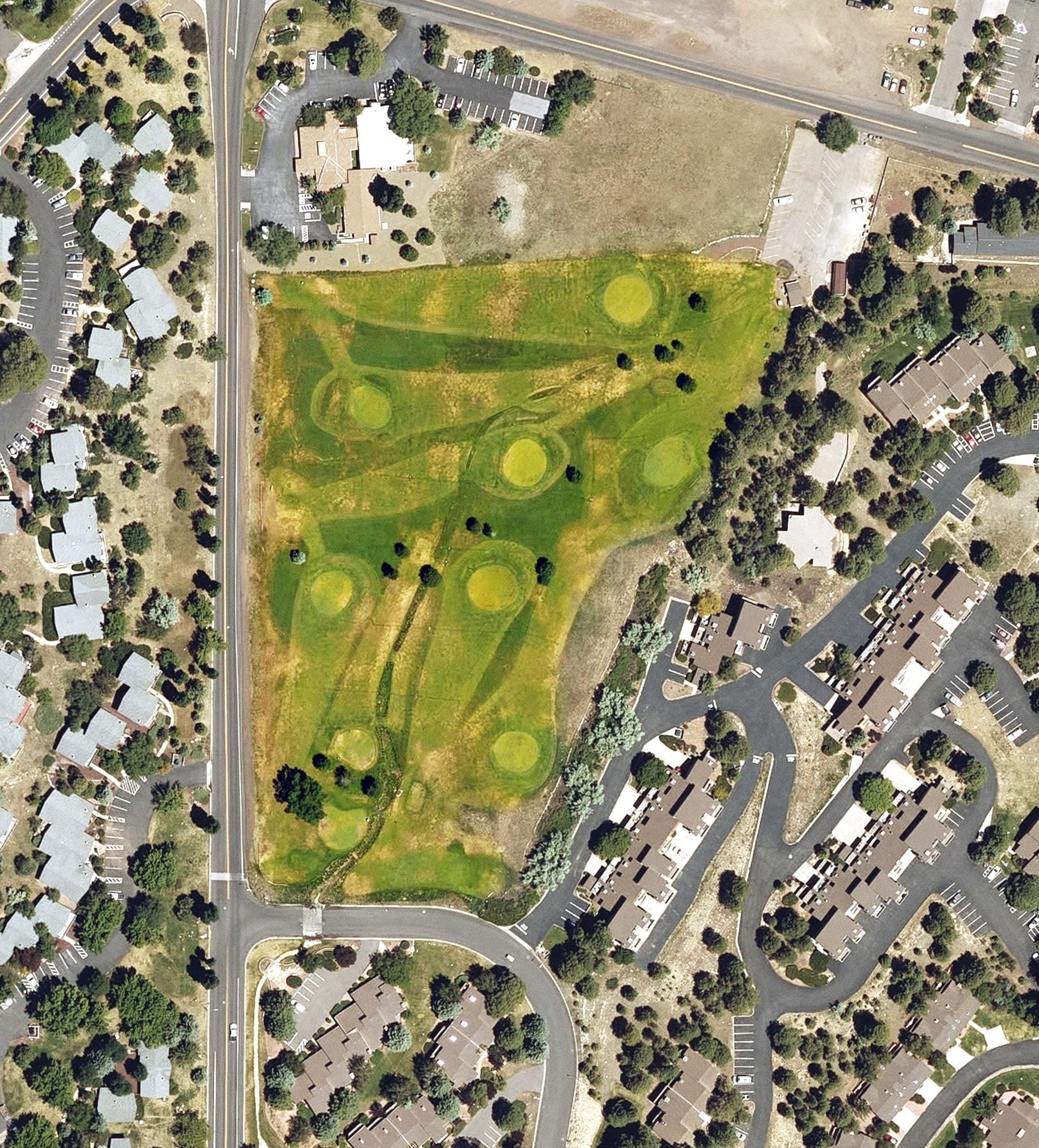 Aerial view of Timberline Short Nine, AZ, with its hole routing marked