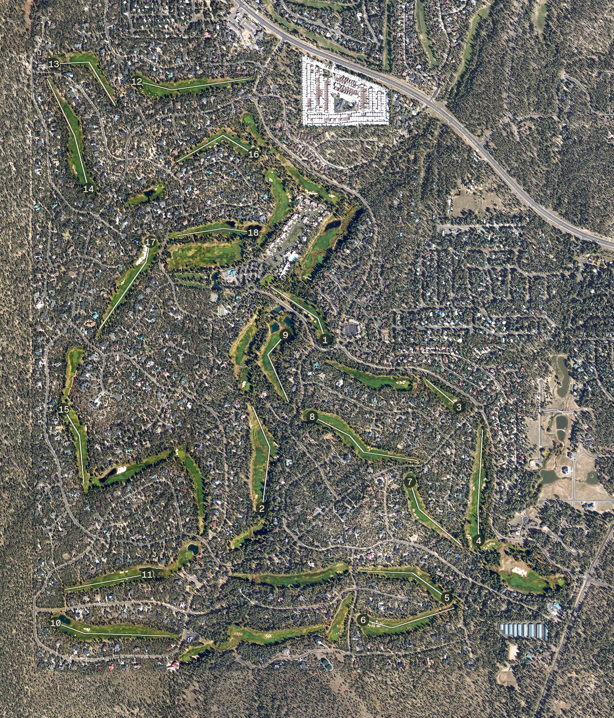 Aerial view of Torreon Golf Course, AZ, with its hole routing marked