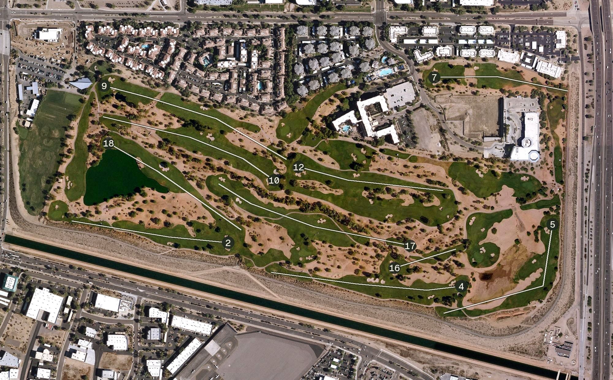 Aerial view of TPC Scottsdale Champions Course, AZ, with its hole routing marked