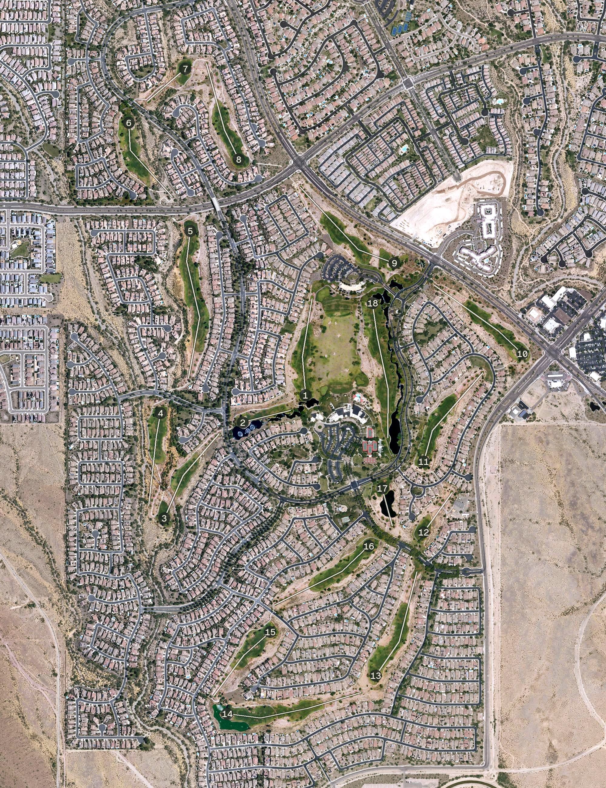Aerial view of Trilogy Golf Club at Vistancia, AZ, with its hole routing marked