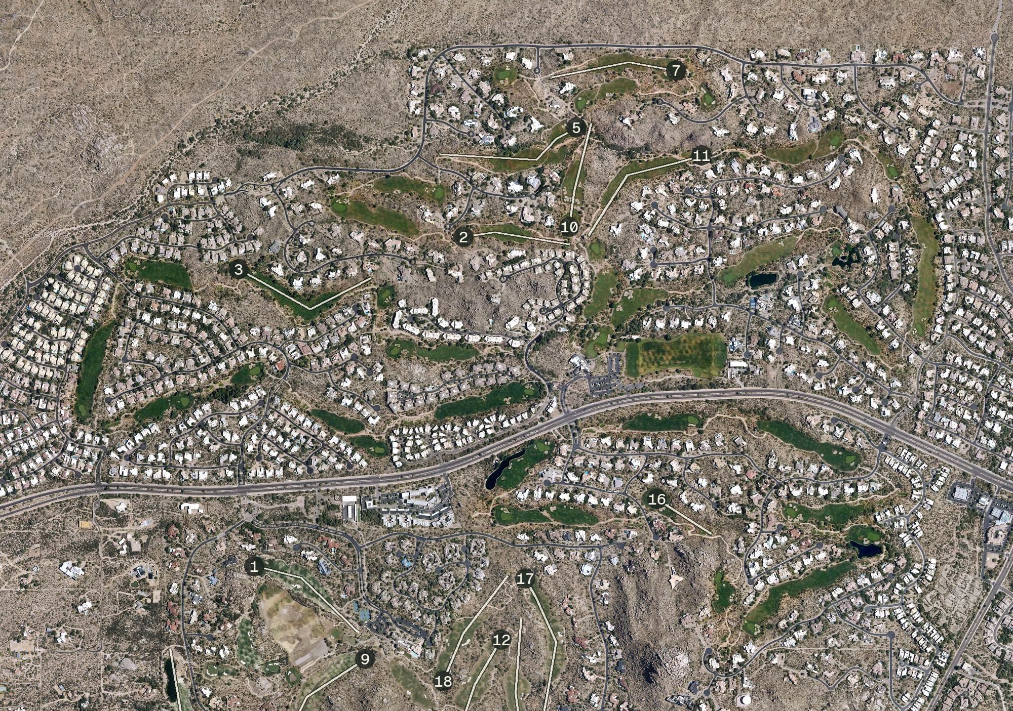 Aerial view of Troon North Golf Club, AZ, with its hole routing marked