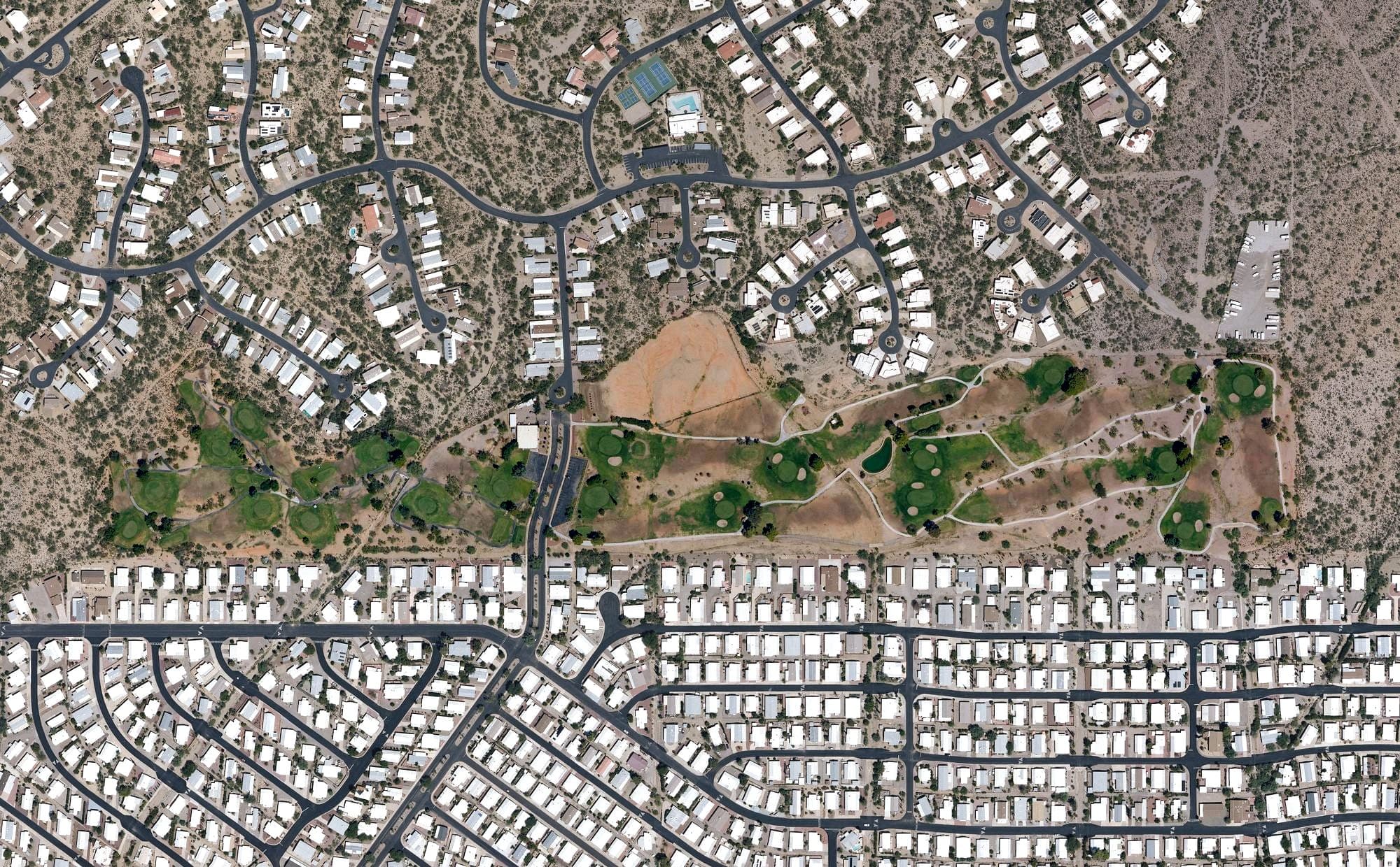 Aerial view of Tucson Estates Golf Course, AZ, with its hole routing marked