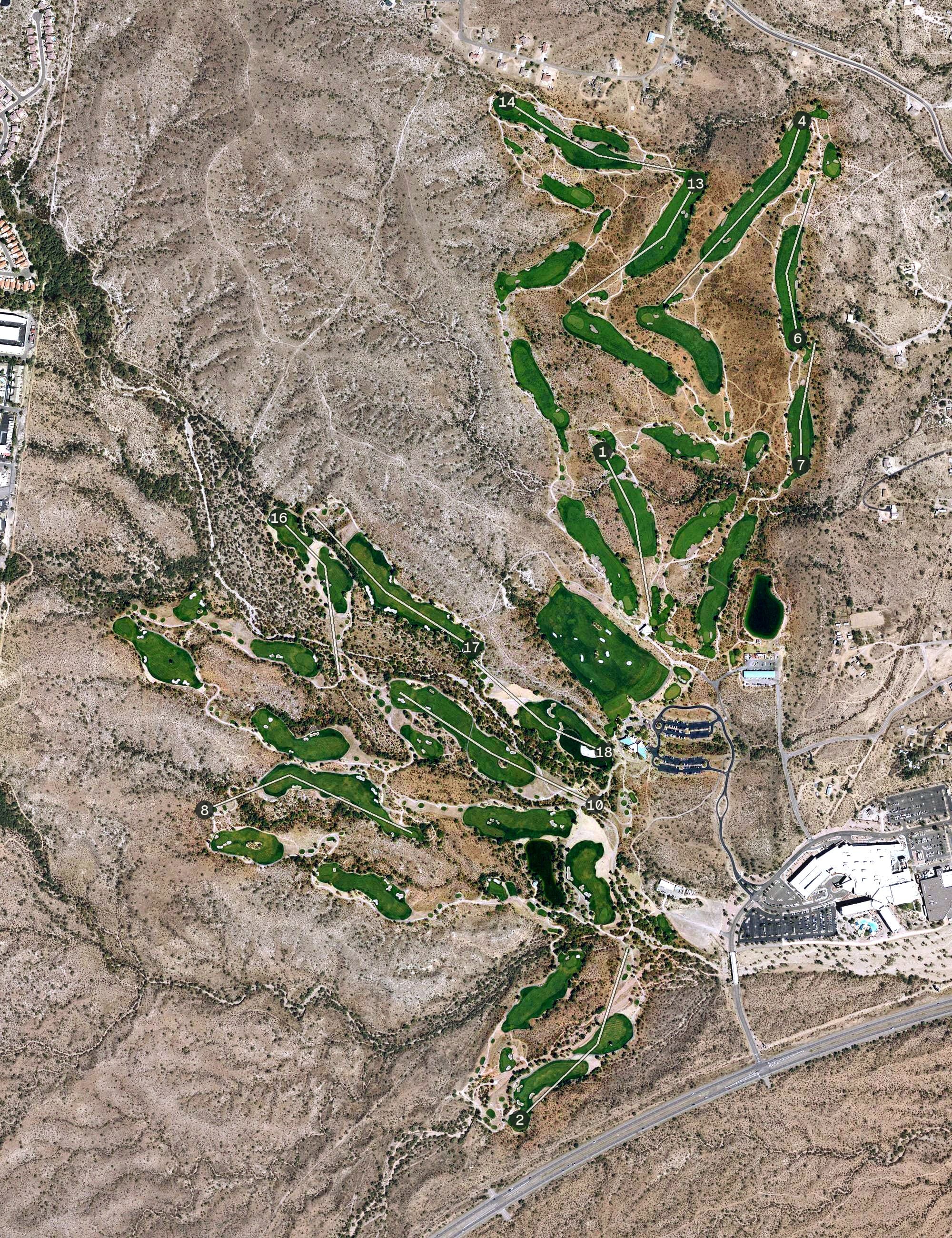 Aerial view of We-Ko-Pa Golf Club, AZ, with its hole routing marked