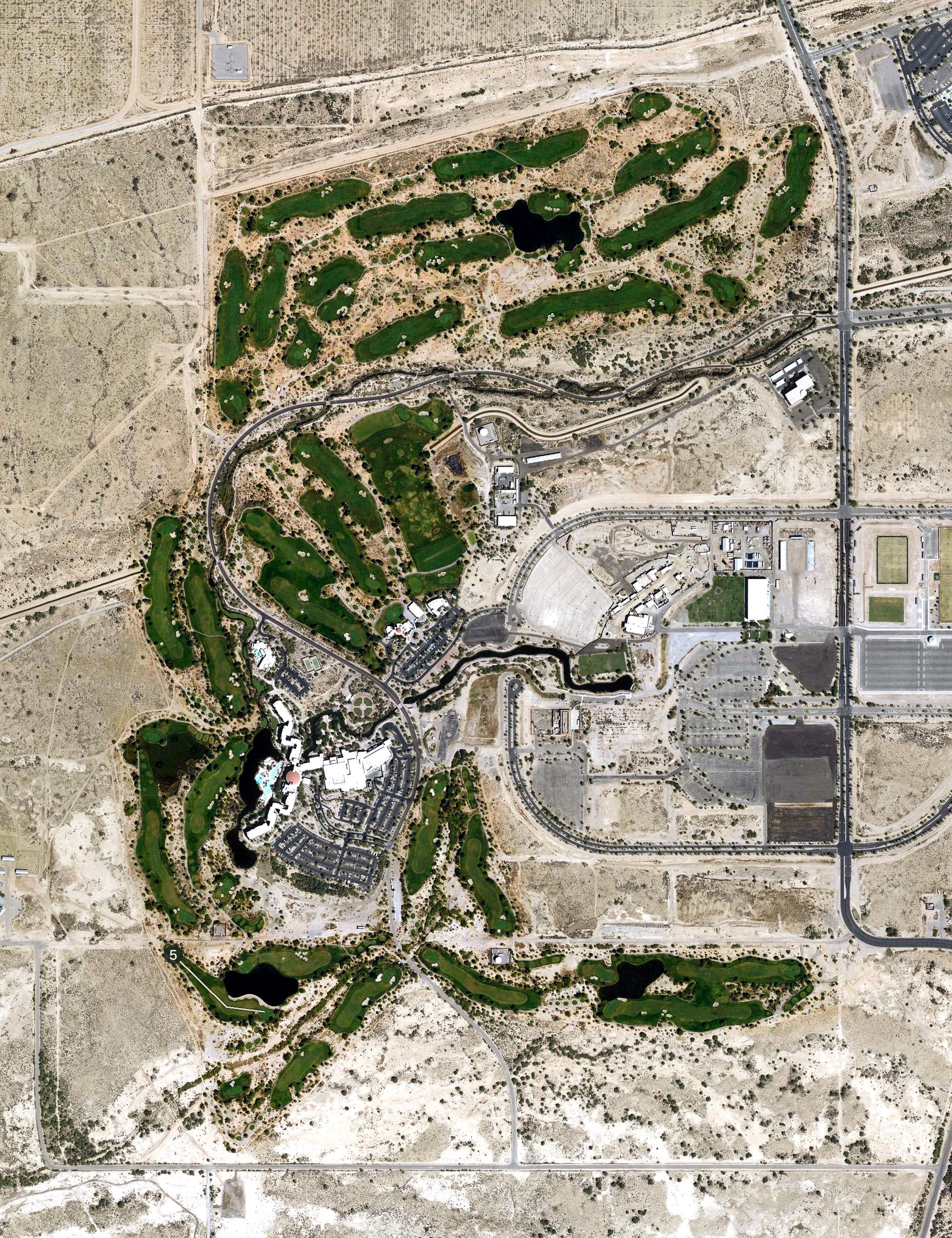 Aerial view of Whirlwind Golf Course, AZ, with its hole routing marked