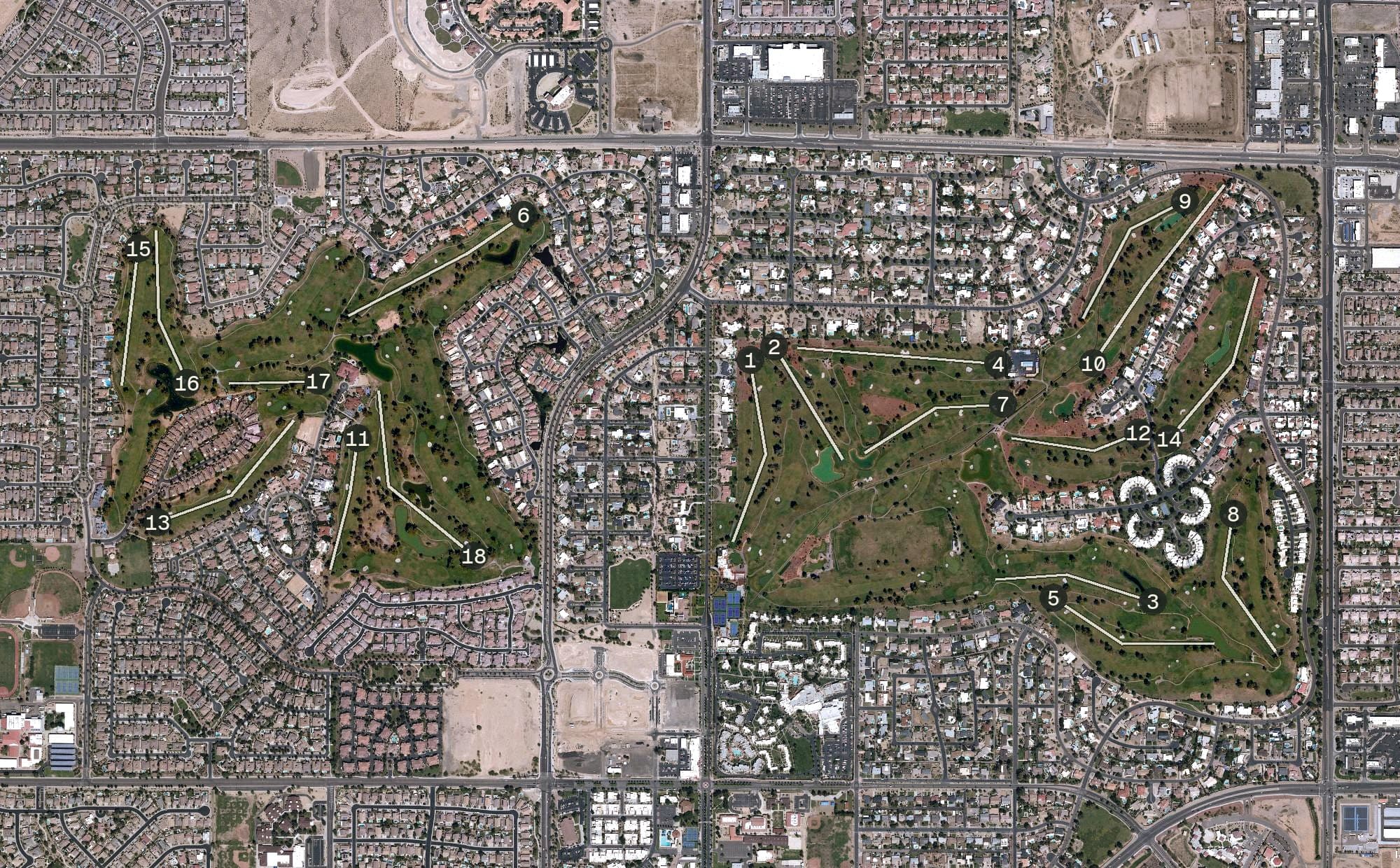 Aerial view of Wigwam Resort, AZ, with its hole routing marked