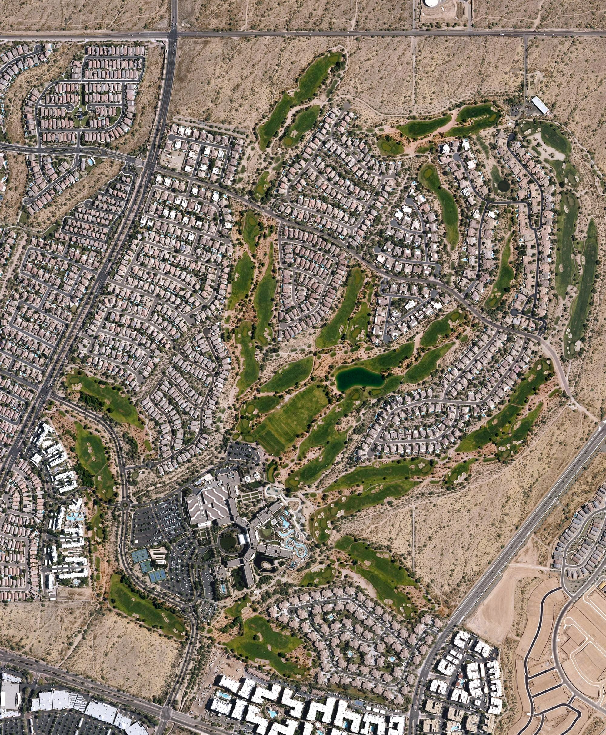 Aerial view of Wildfire Golf Club, AZ, with its hole routing marked