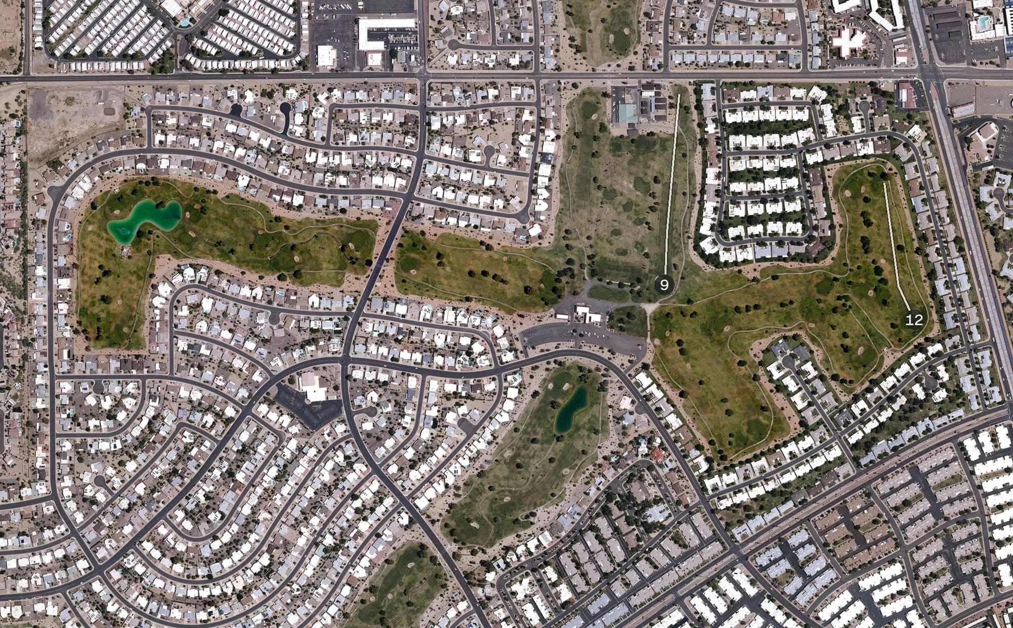 Aerial view of Willowbrook Golf Course, AZ, with its hole routing marked