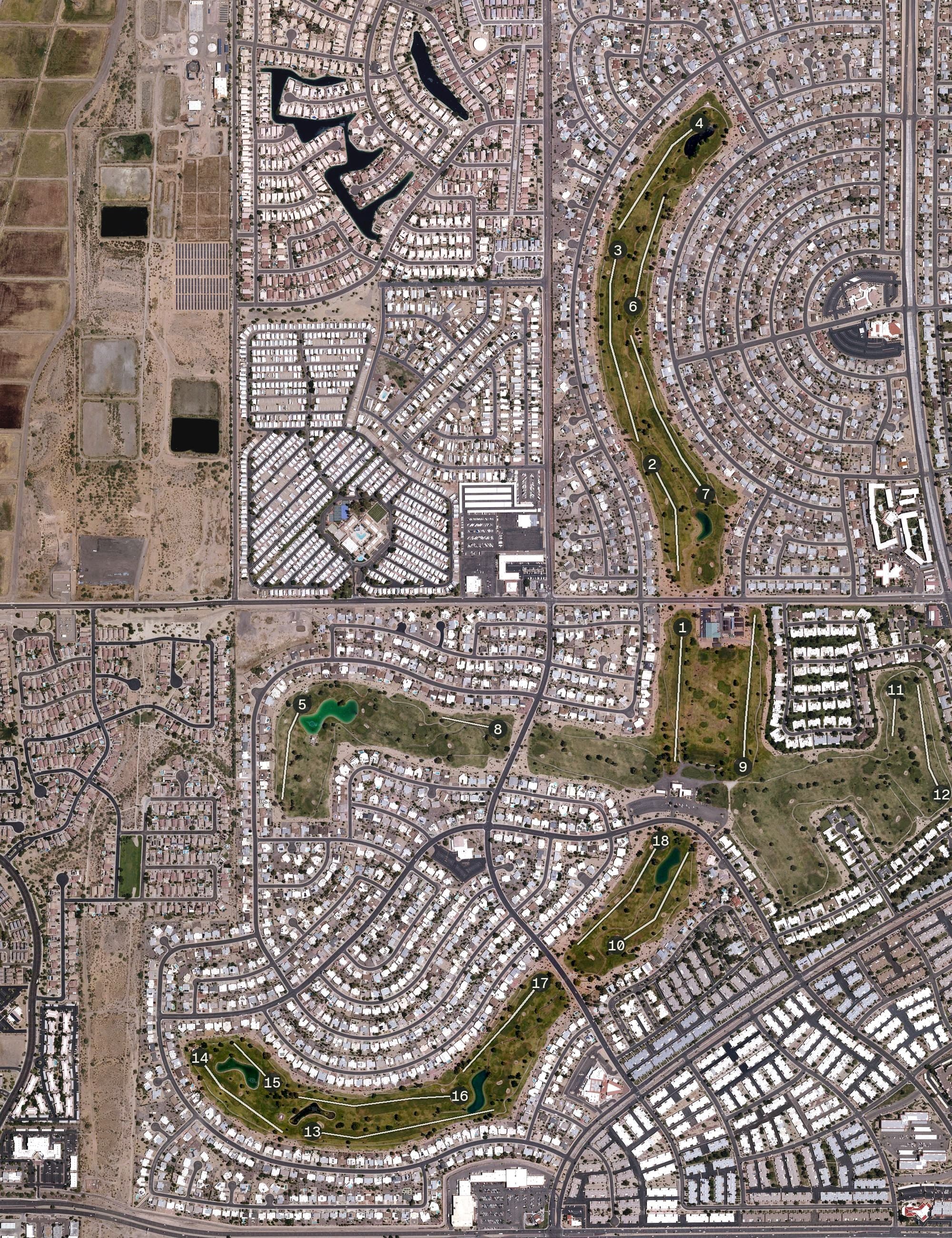 Aerial view of Willowcreek Golf Course, AZ, with its hole routing marked