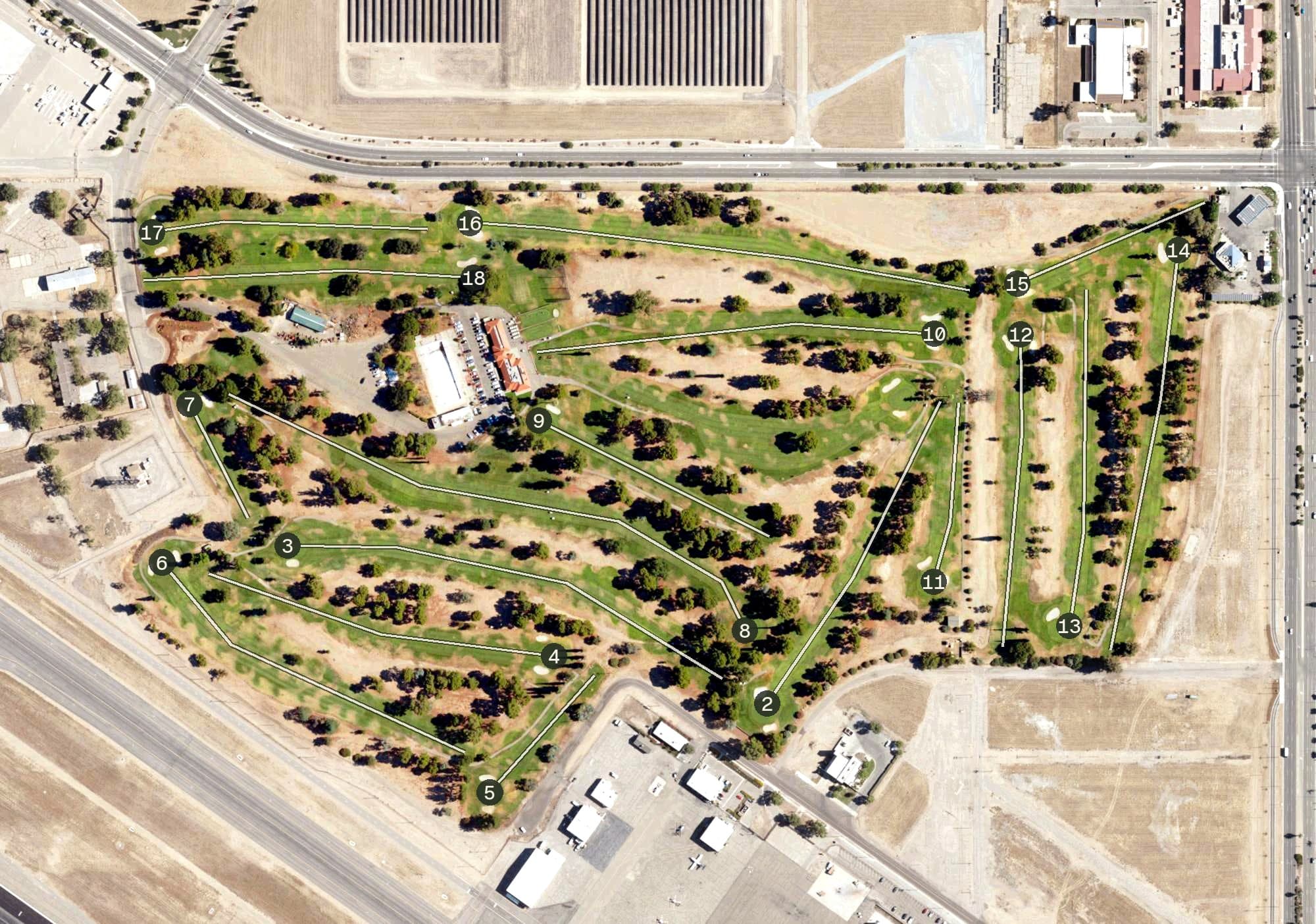 Aerial view of Airways Golf Course, CA, with its hole routing marked