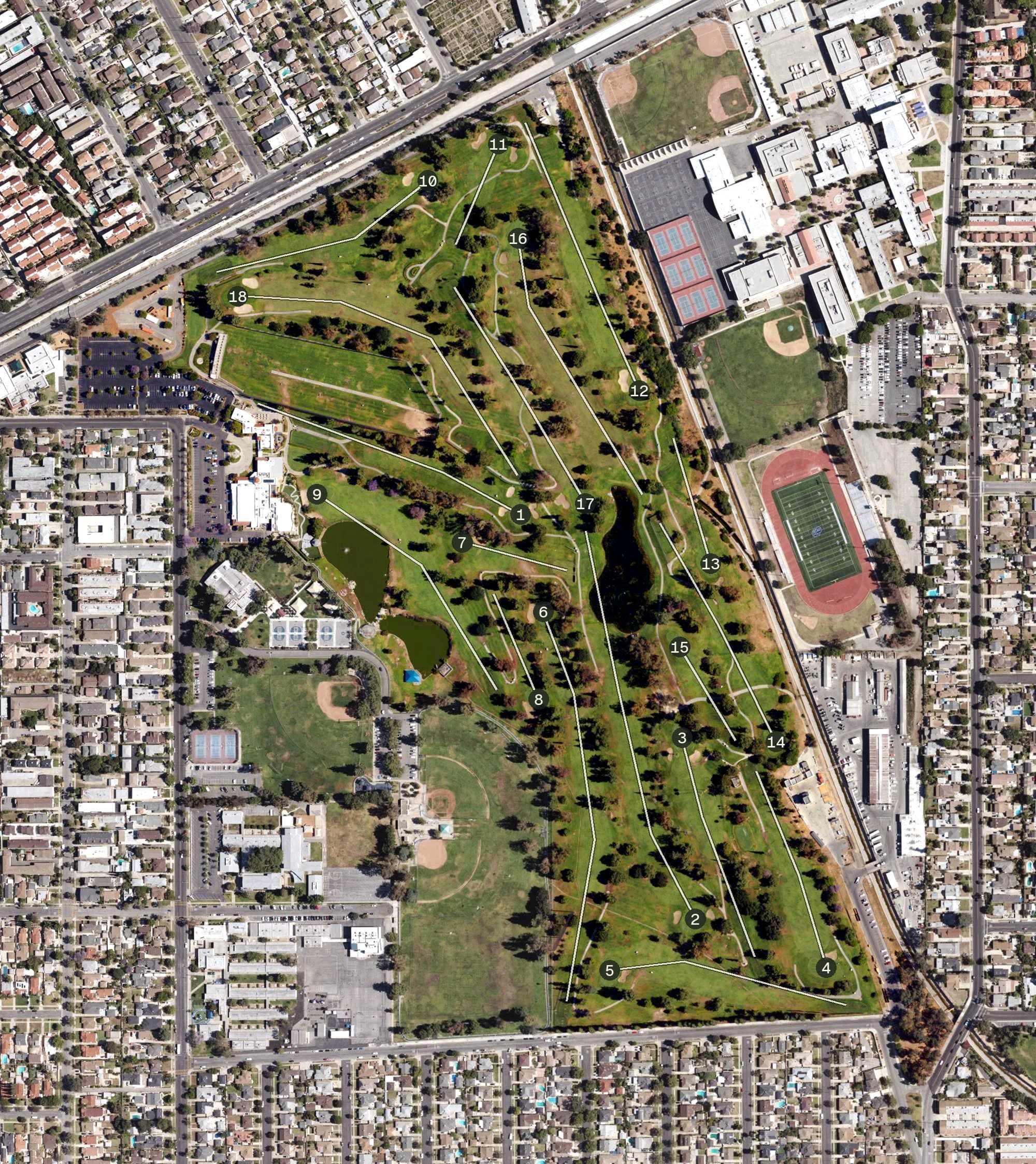 Aerial view of Alhambra Golf Course, CA, with its hole routing marked