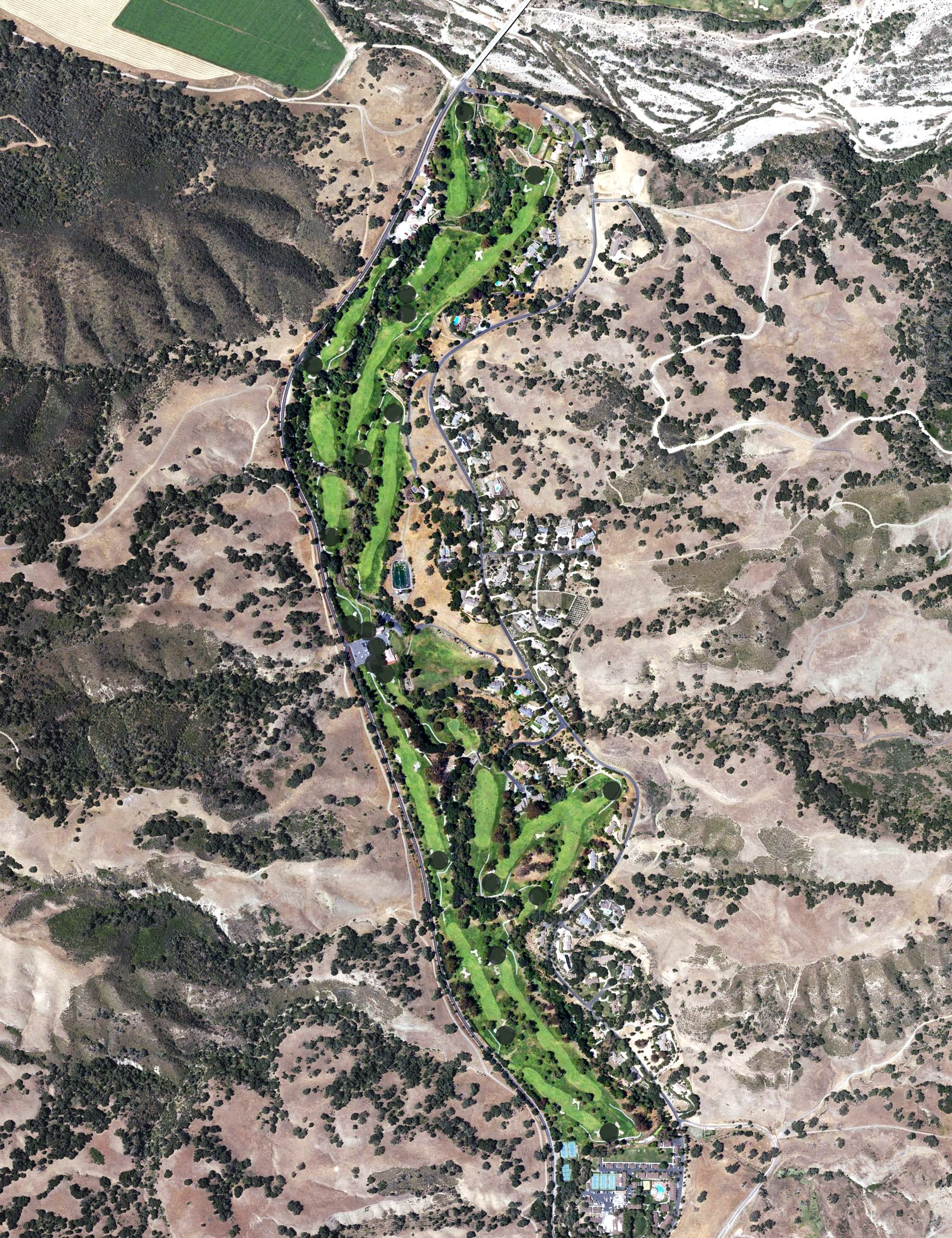 Aerial view of Alisal Ranch Course, CA, with its hole routing marked