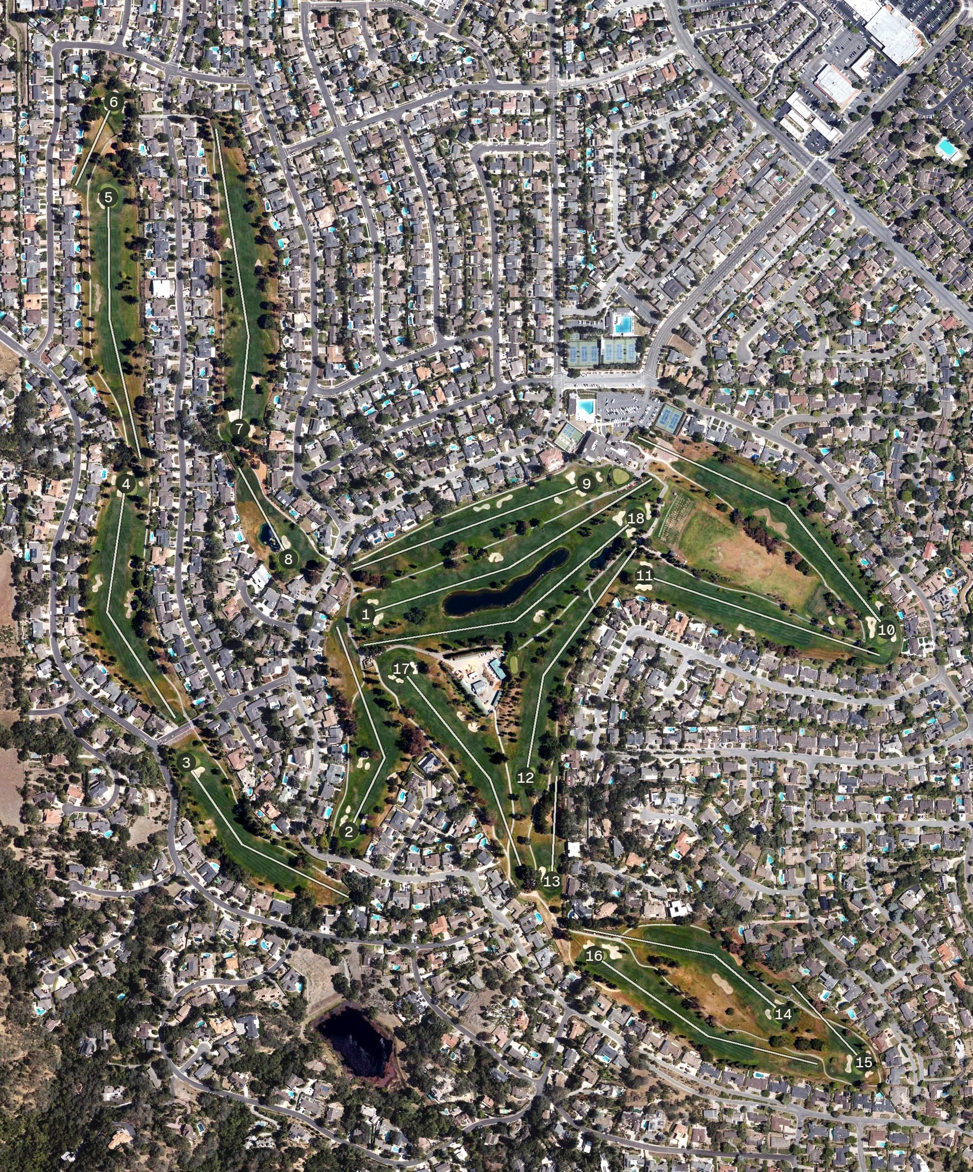 Aerial view of Almaden Golf and Country Club, CA, with its hole routing marked