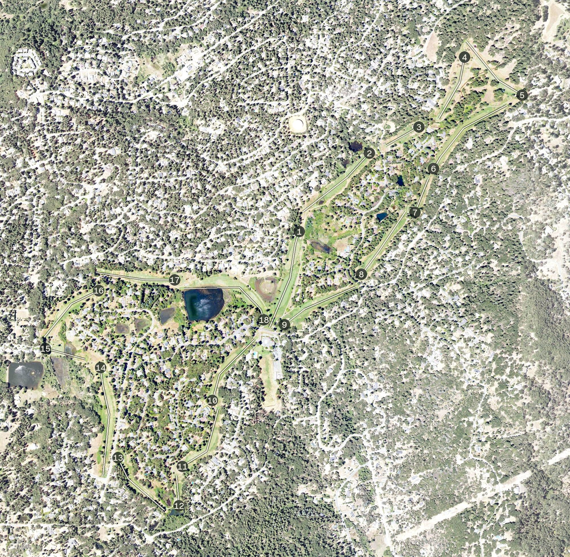 Aerial view of Alta Sierra Country Club, CA, with its hole routing marked