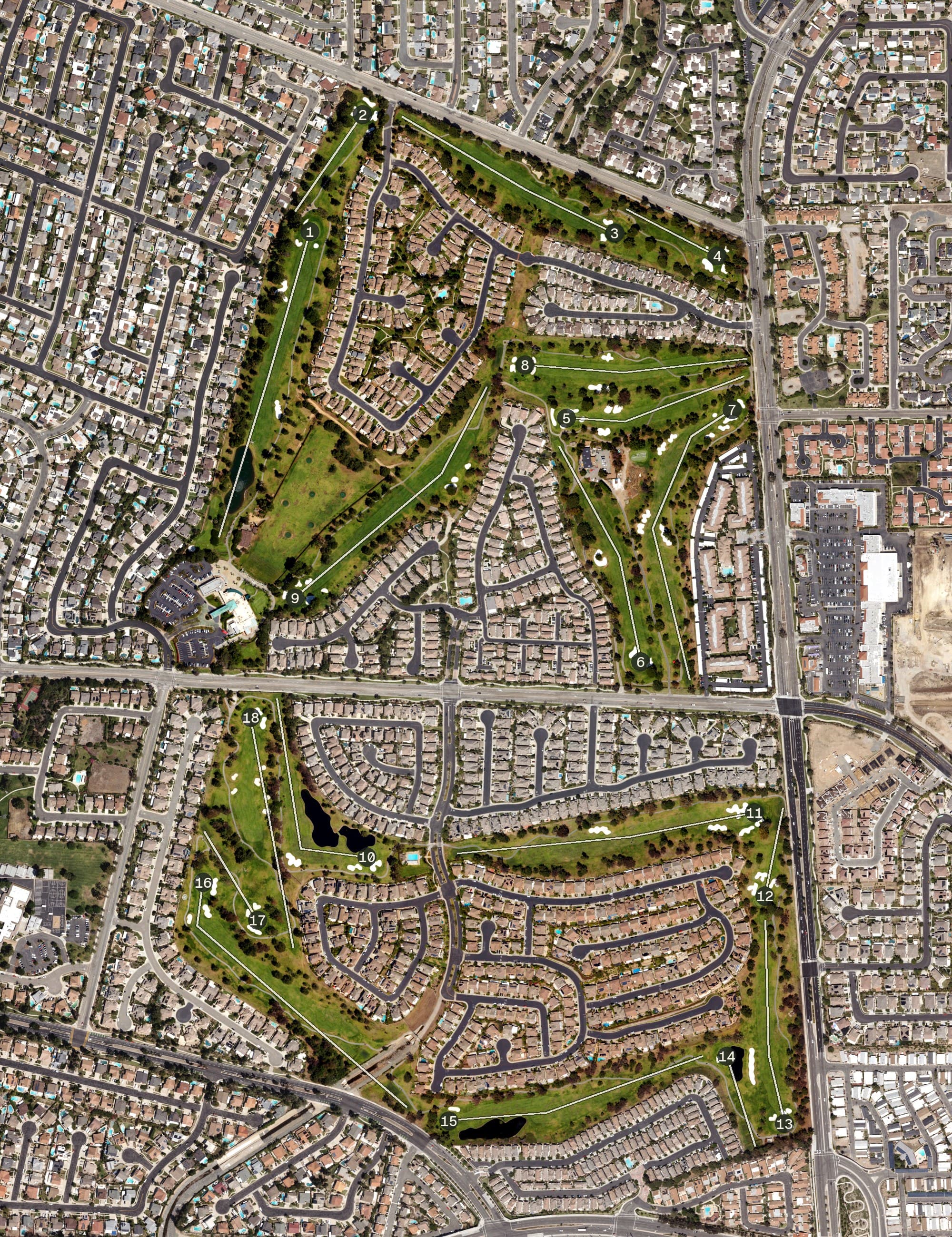 Aerial view of Alta Vista Country Club, CA, with its hole routing marked