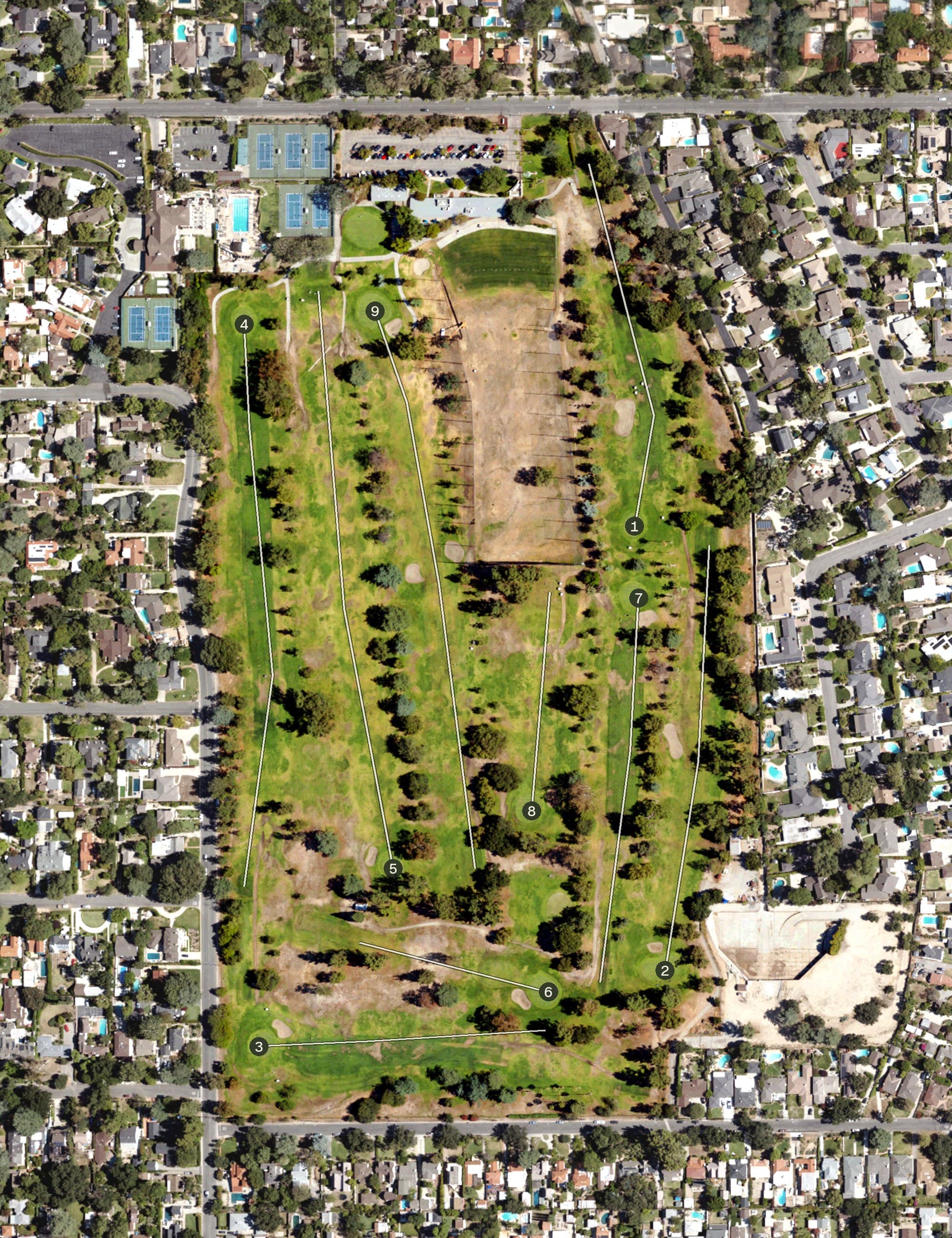 Aerial view of Altadena Golf Course, CA, with its hole routing marked