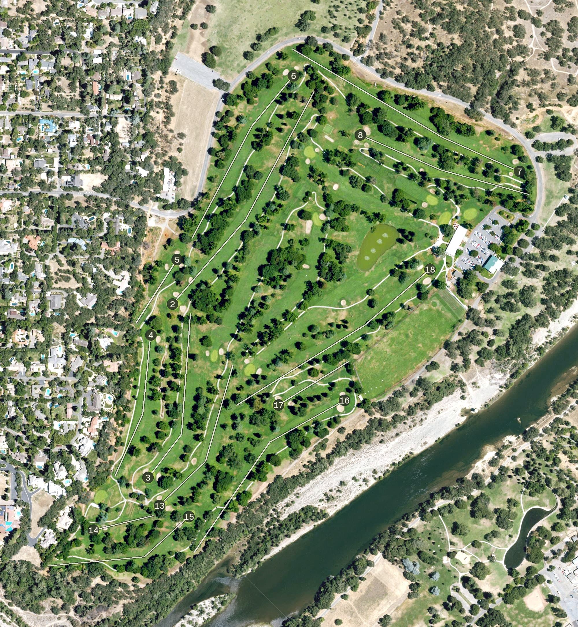 Aerial view of Ancil Hoffman Golf Course, CA, with its hole routing marked