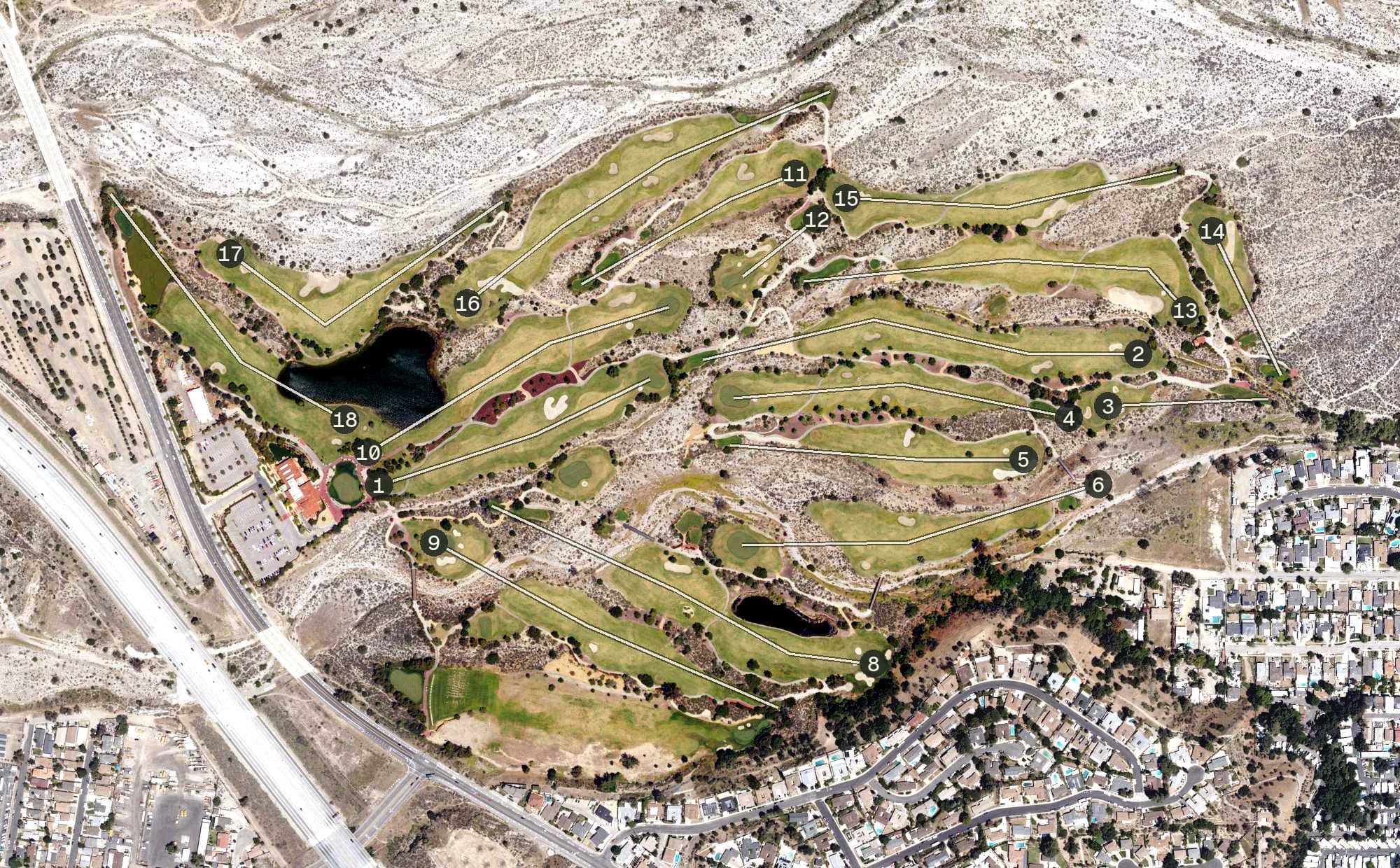 Aerial view of Angeles National Golf Club, CA, with its hole routing marked