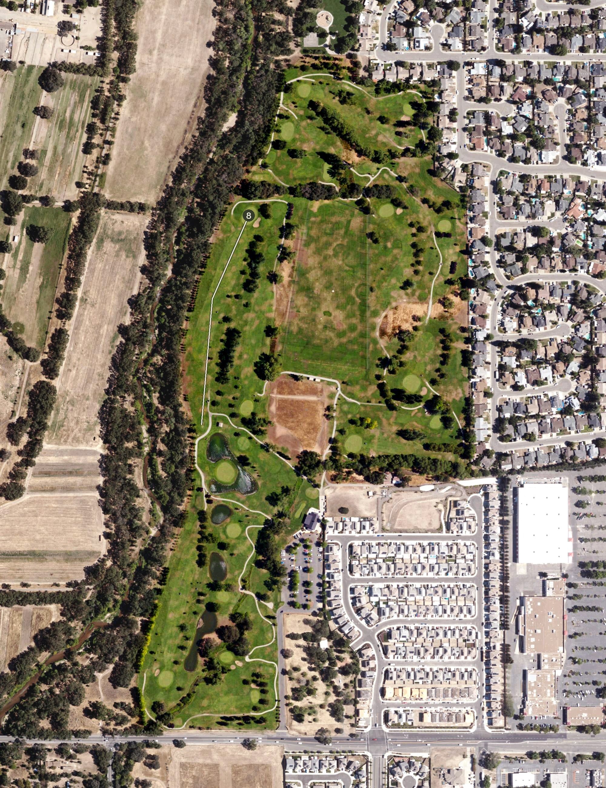 Aerial view of Antelope Greens Golf Course, CA, with its hole routing marked