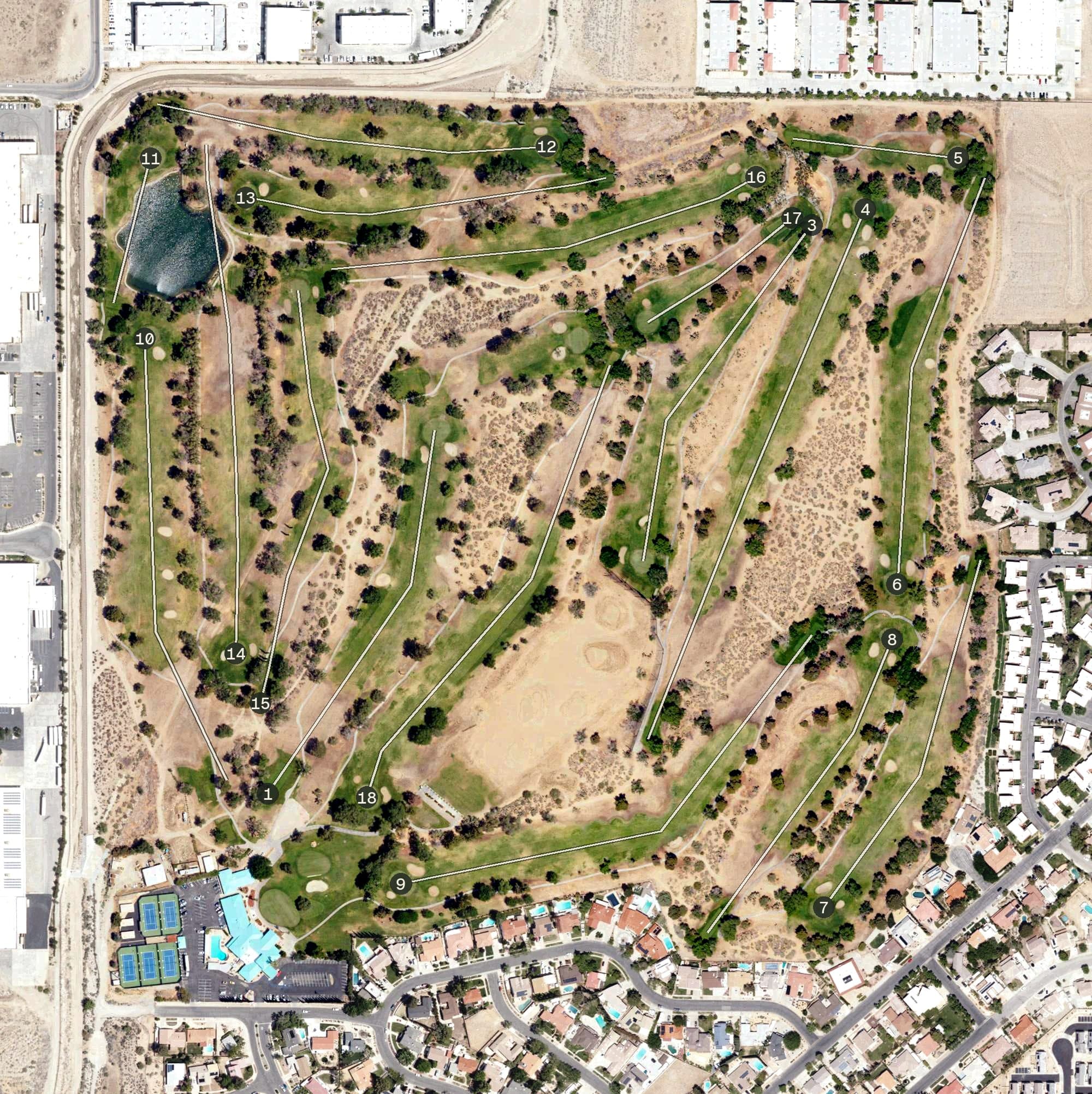 Aerial view of Antelope Valley Country Club, CA, with its hole routing marked