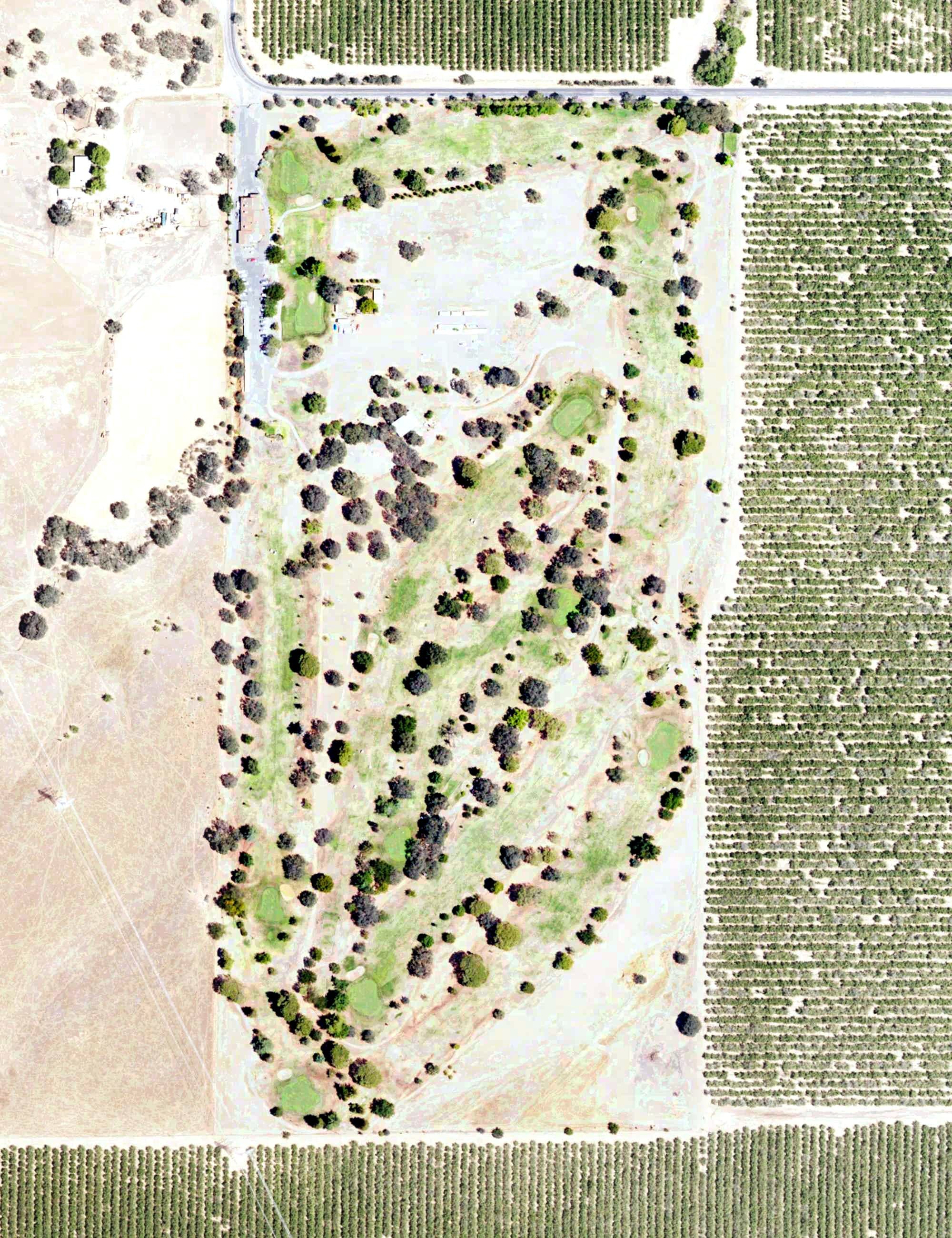 Aerial view of Arbuckle Golf Course, CA, with its hole routing marked