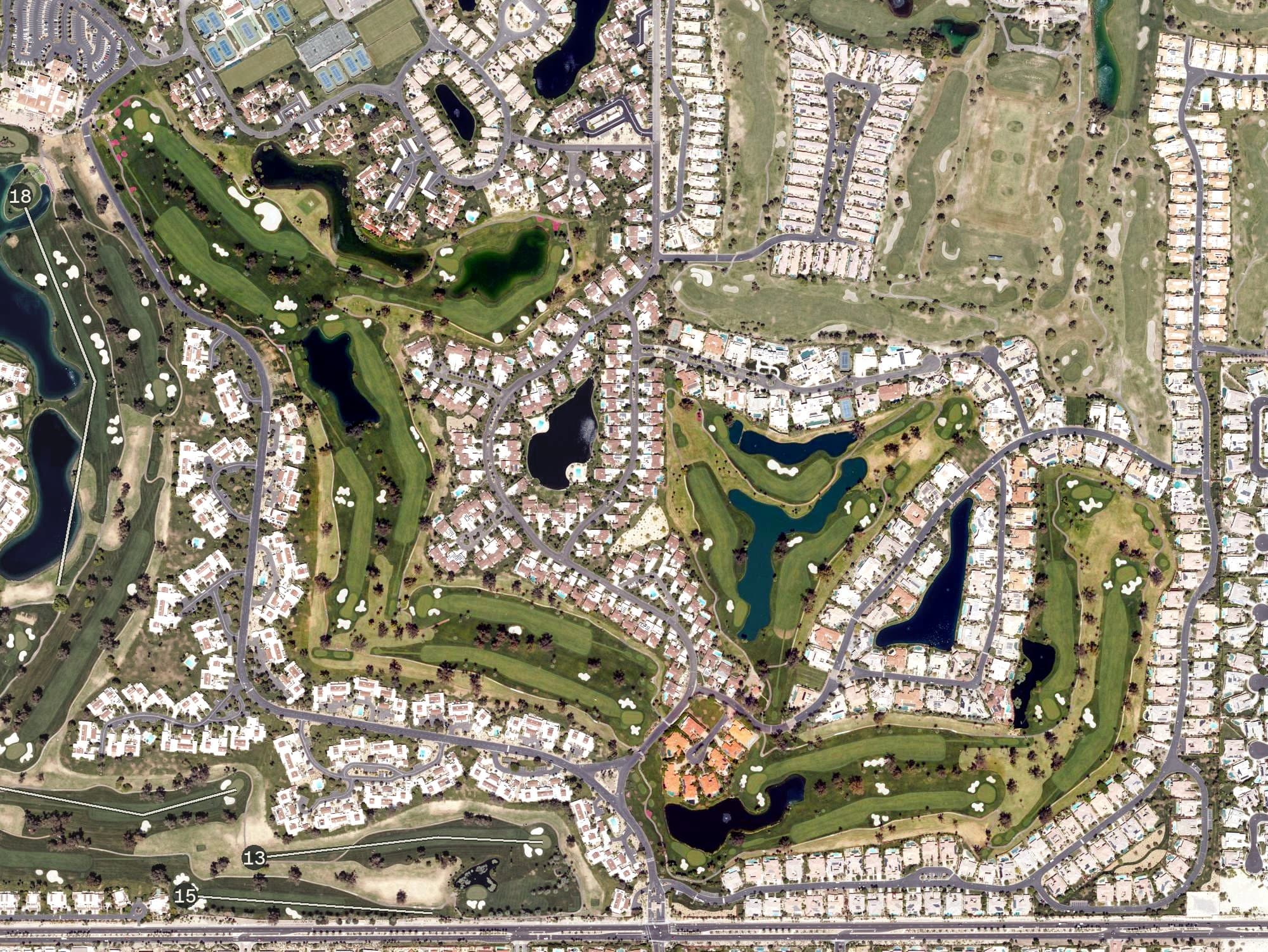 Aerial view of Arnold Palmer Course, CA, with its hole routing marked