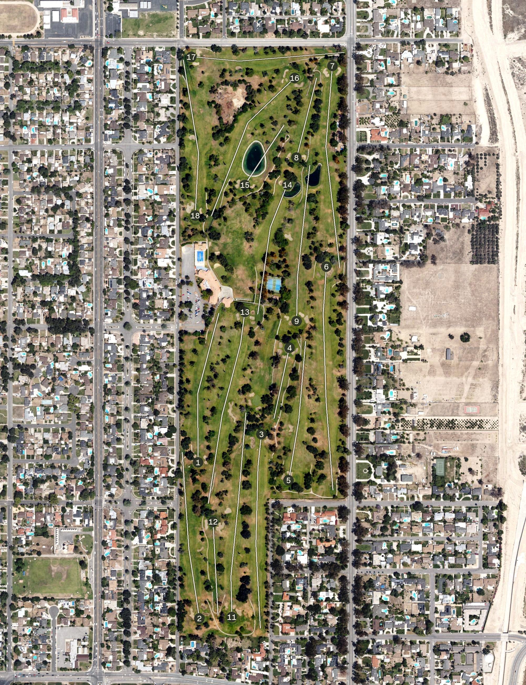 Aerial view of Arrowhead Country Club, CA, with its hole routing marked