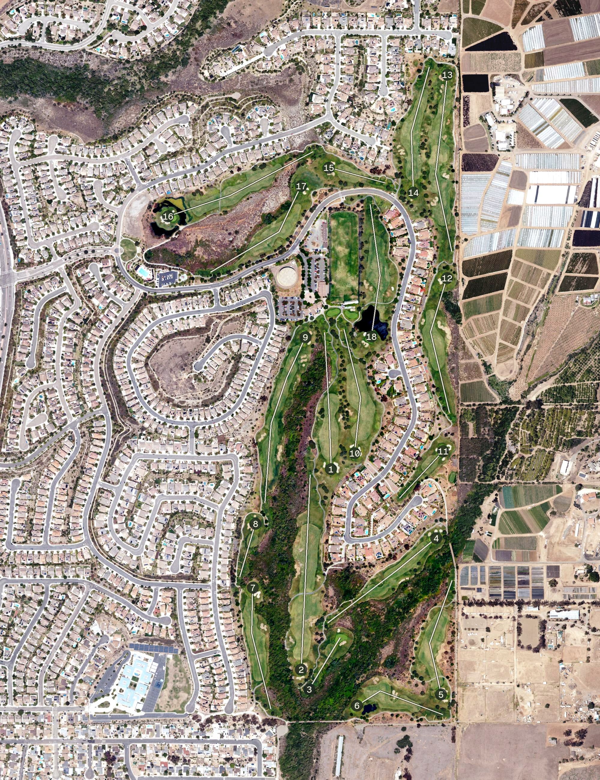 Aerial view of Arrowood Golf Course, CA, with its hole routing marked
