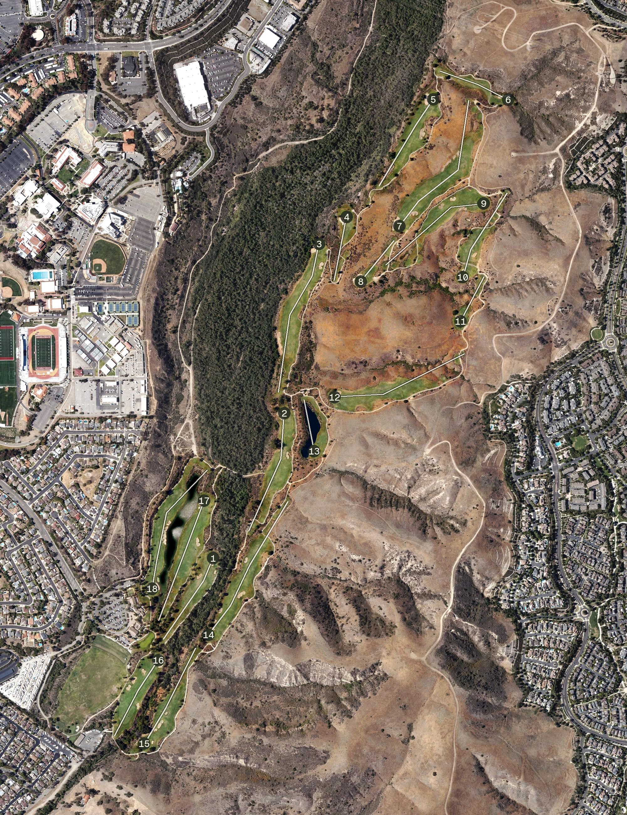 Aerial view of Arroyo Trabuco Golf Club, CA, with its hole routing marked
