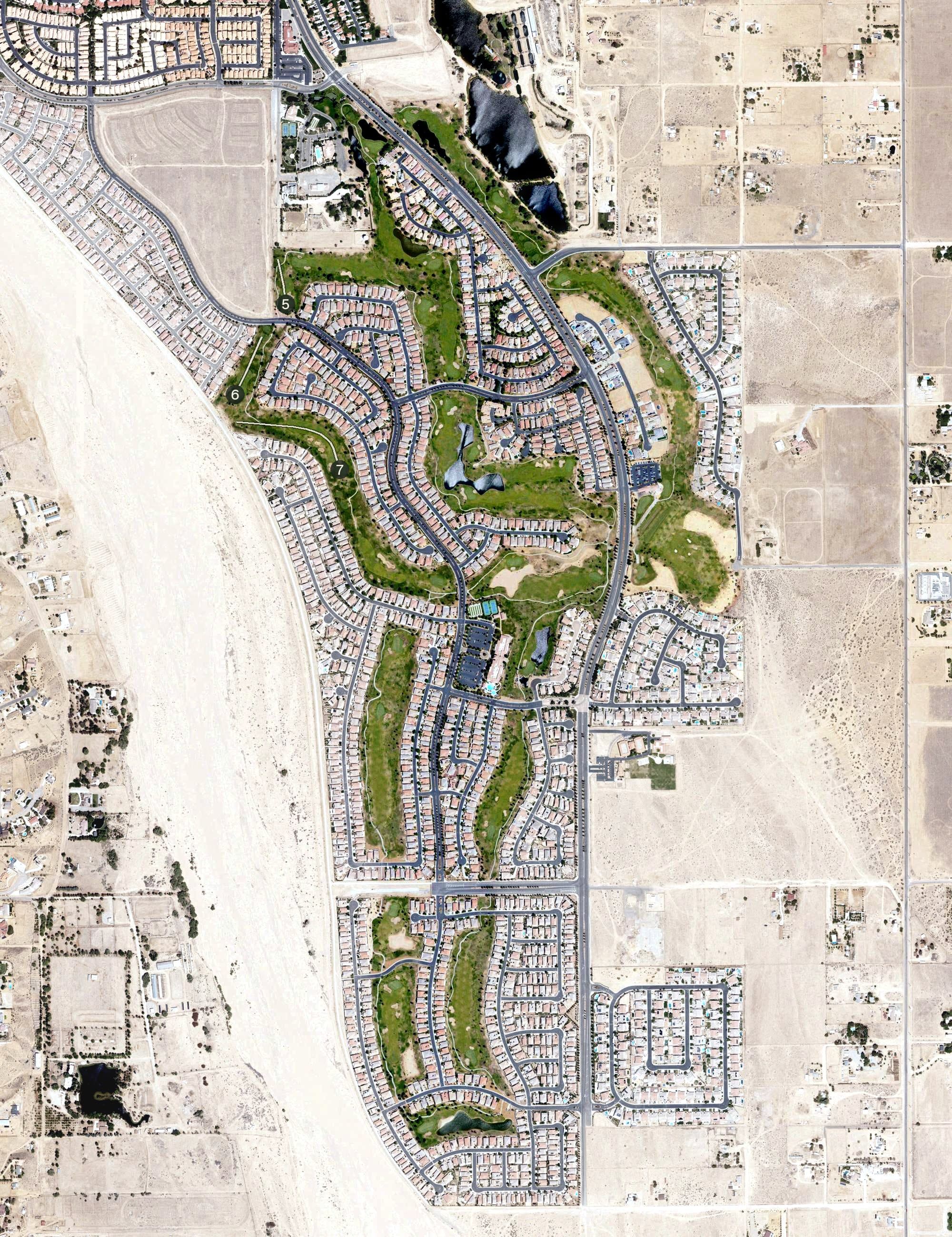 Aerial view of Ashwood Golf Course, CA, with its hole routing marked