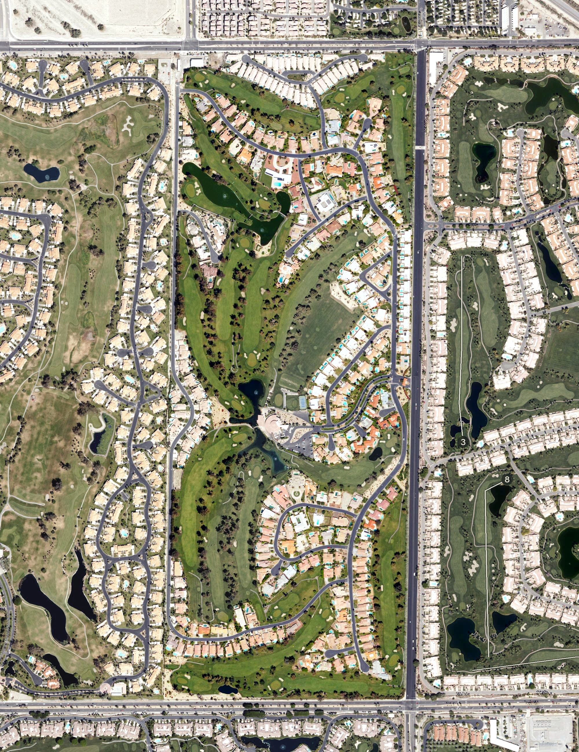 Aerial view of Avondale Golf Club, CA, with its hole routing marked