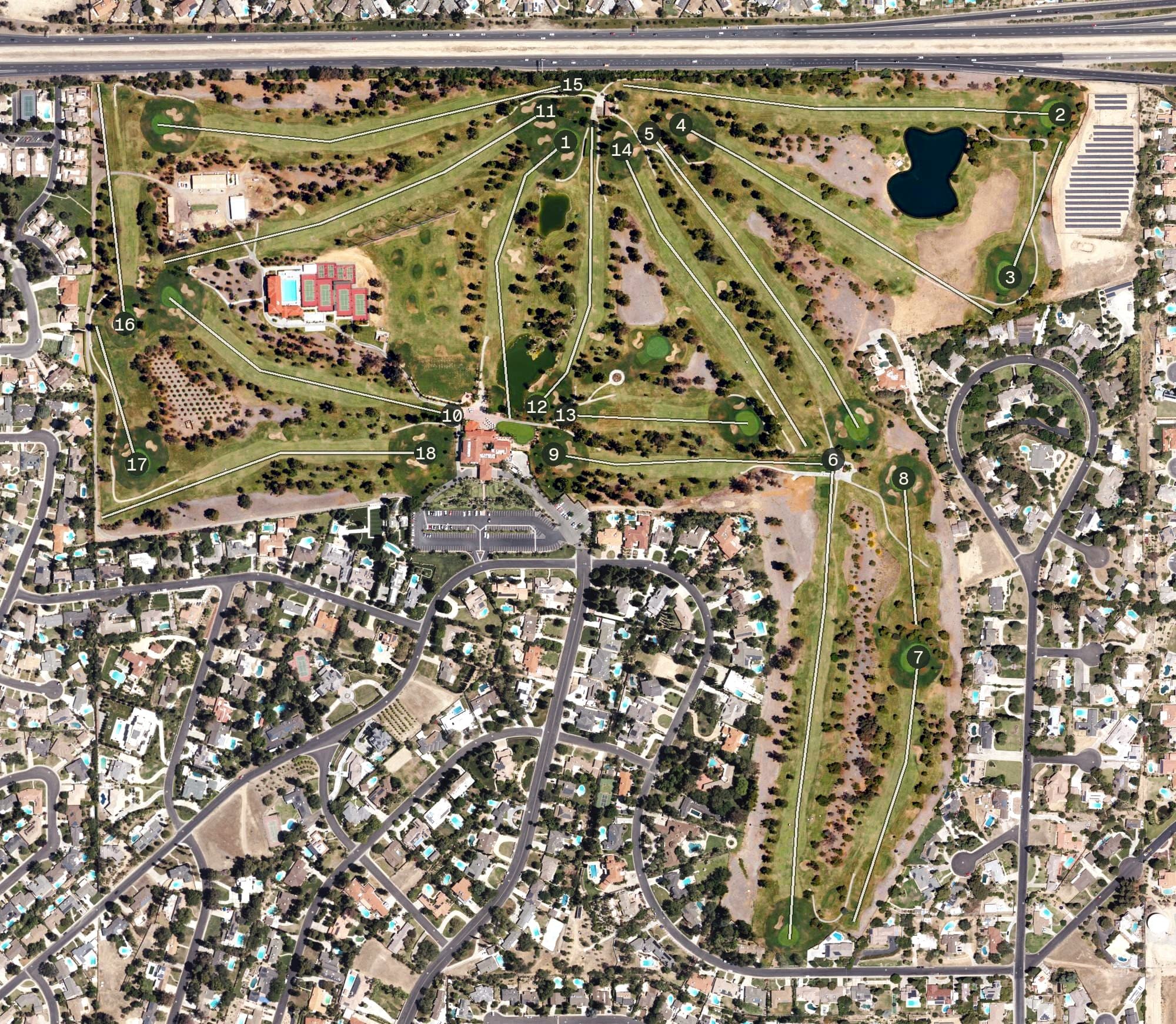 Aerial view of Bakersfield Country Club, CA, with its hole routing marked