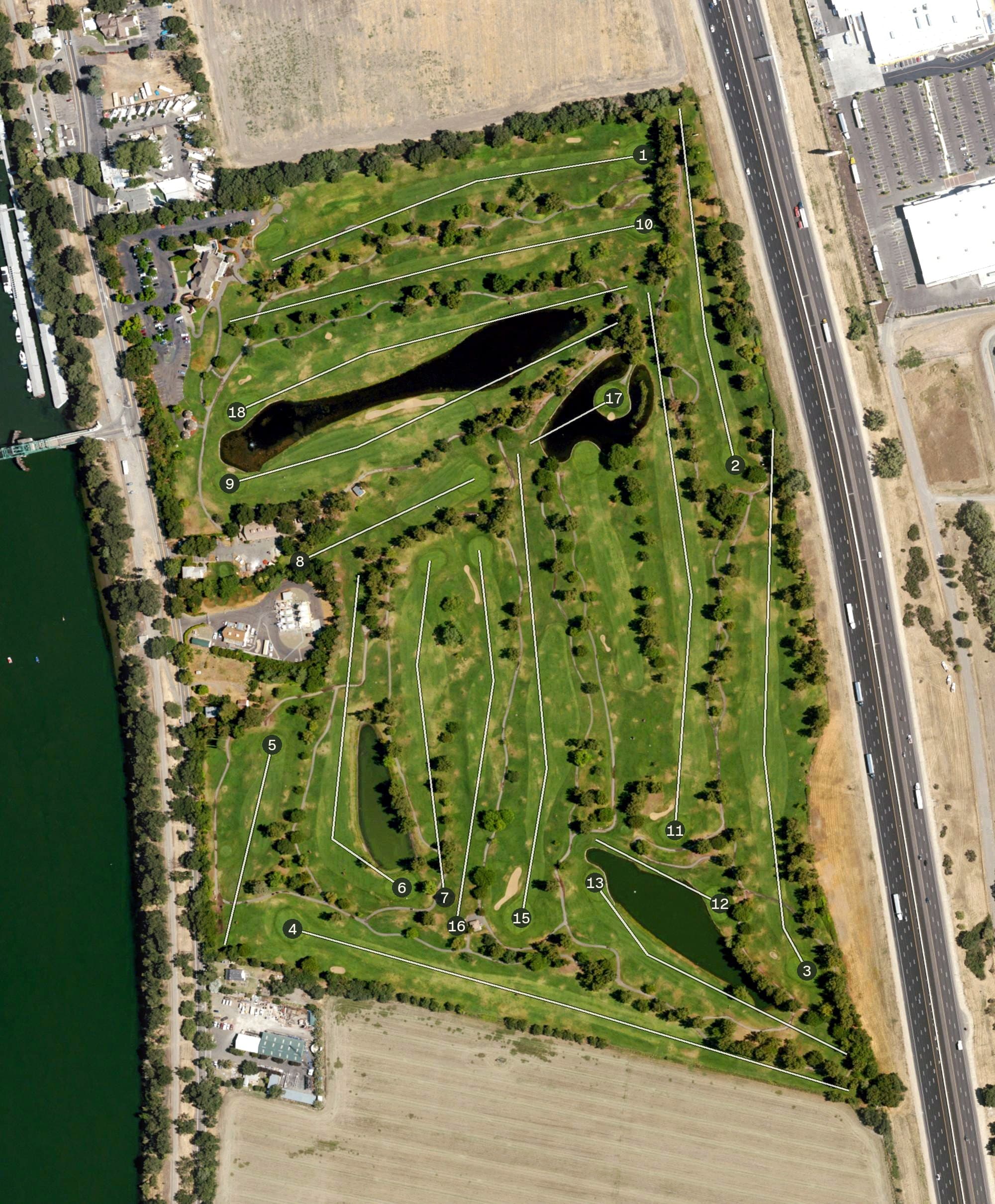 Aerial view of Bartley Cavanaugh Golf Course, CA, with its hole routing marked