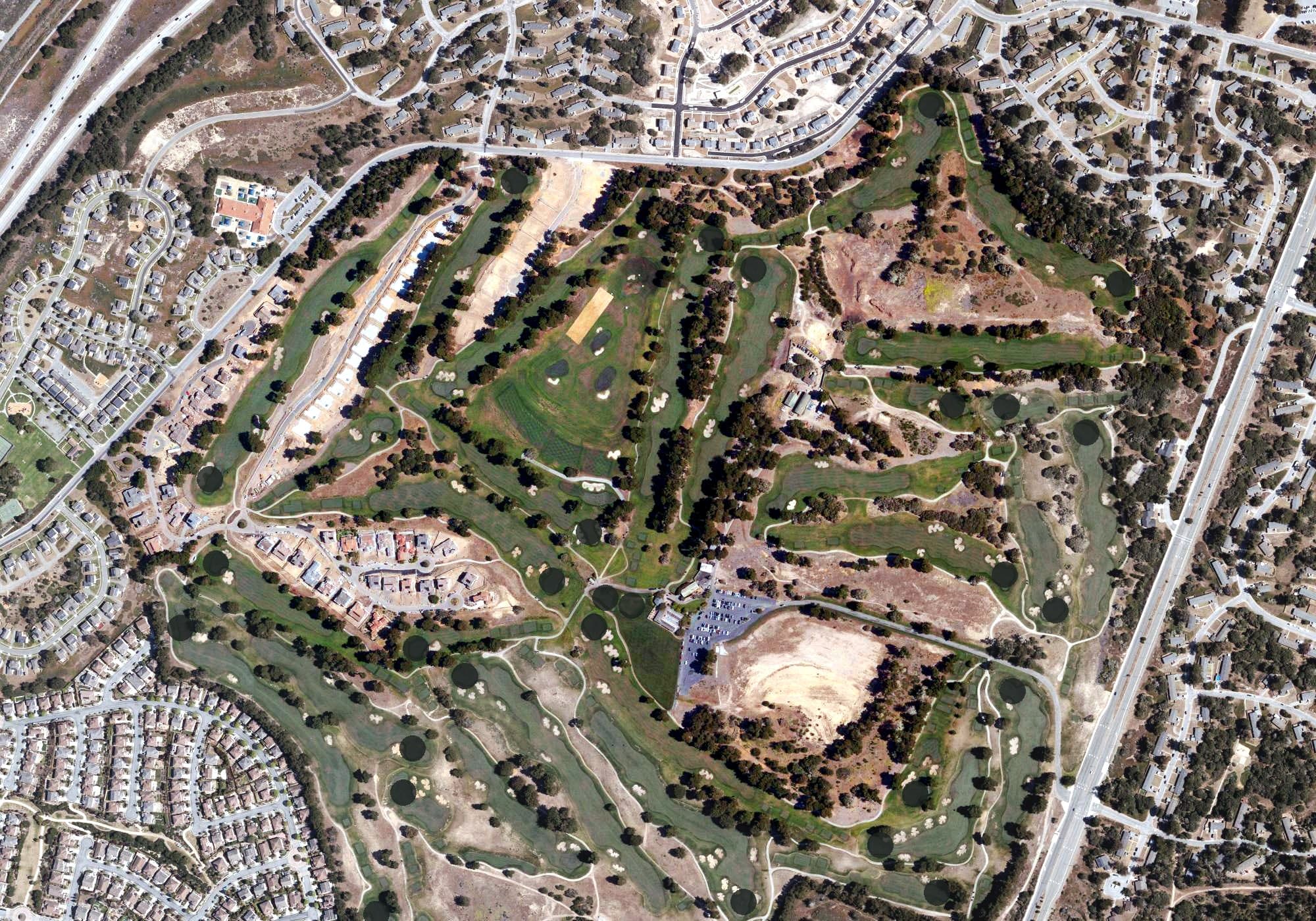 Aerial view of Bayonet Golf Course, CA, with its hole routing marked