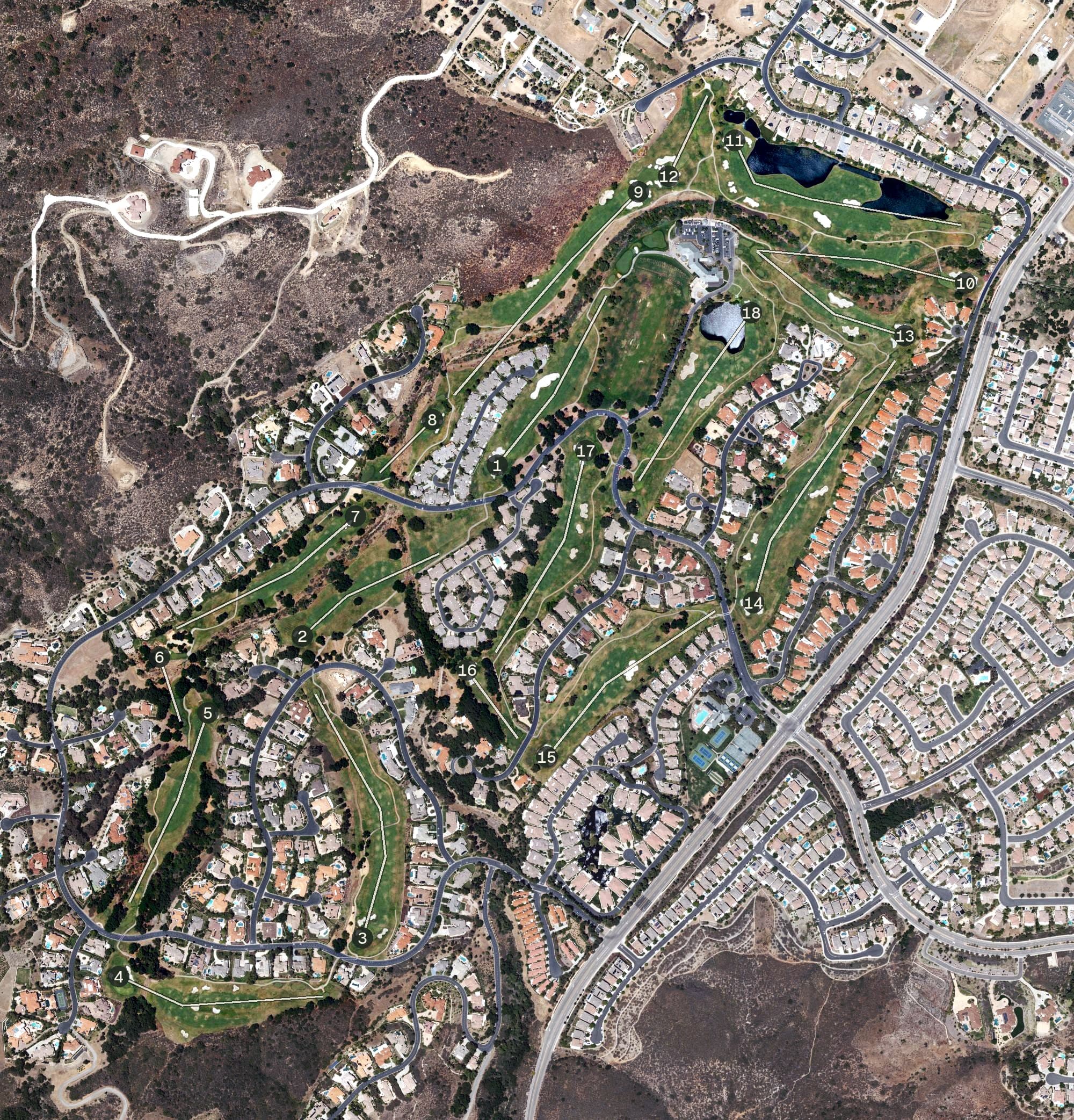 Aerial view of Bear Creek Golf Club, CA, with its hole routing marked