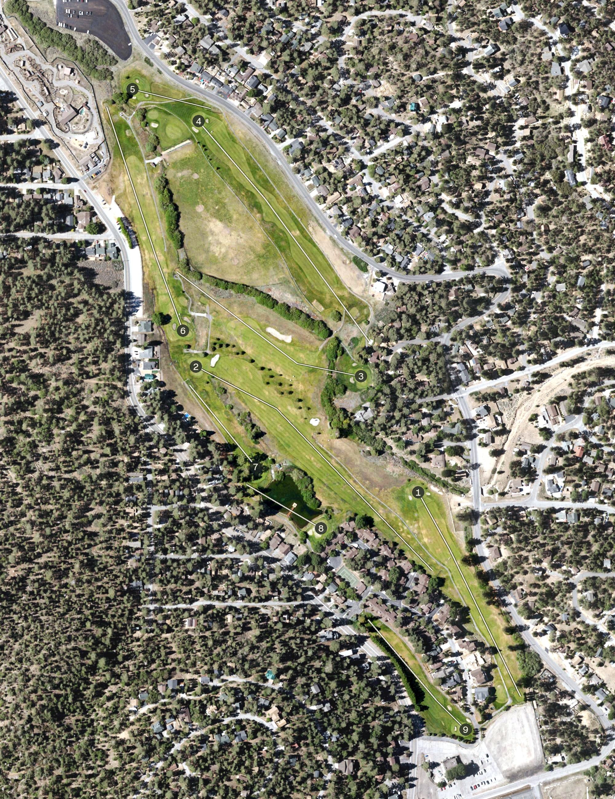 Aerial view of Bear Mountain Golf Course, CA, with its hole routing marked