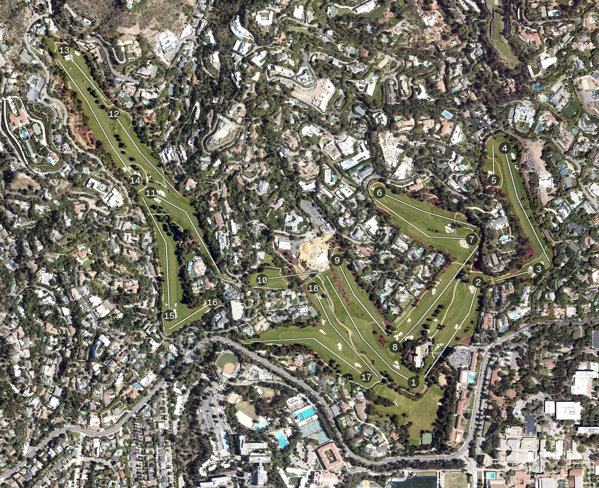 Aerial view of Bel-Air Country Club, CA, with its hole routing marked