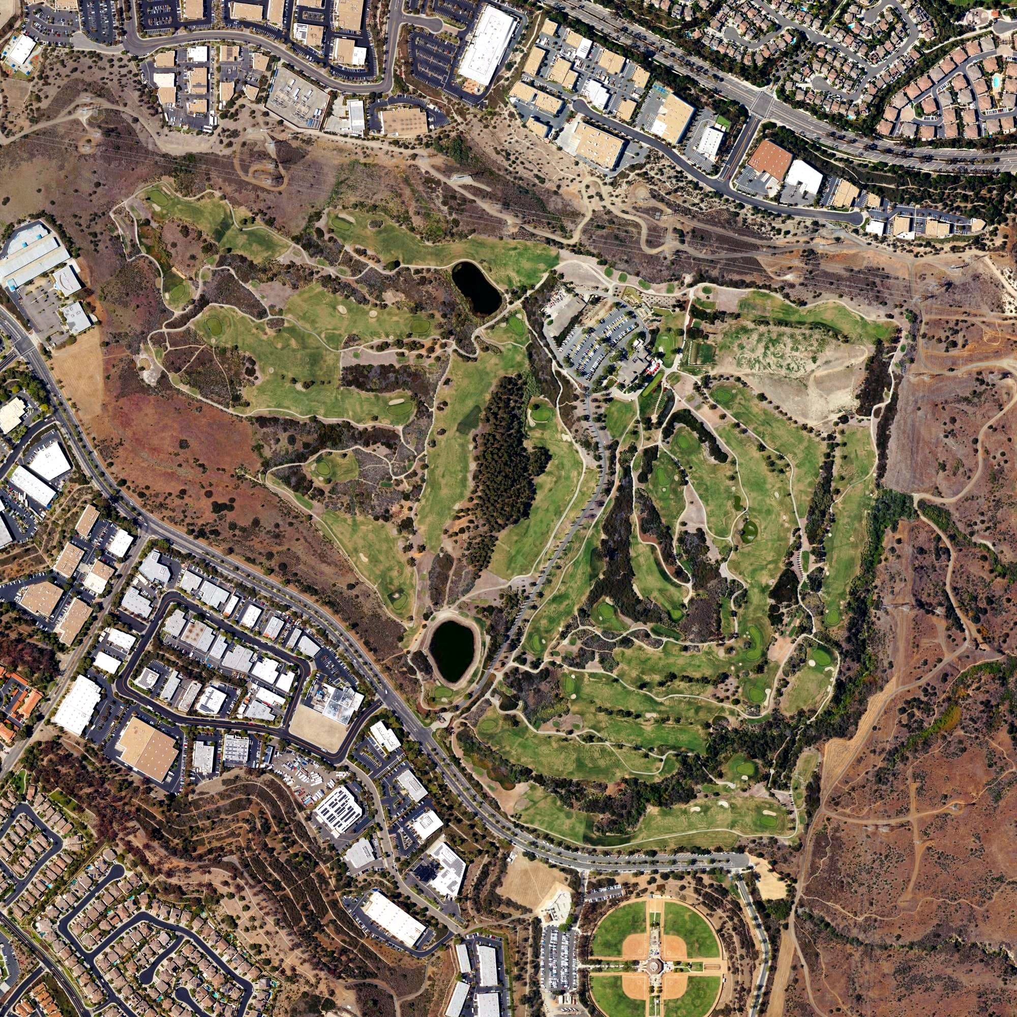 Aerial view of Bella Collina Towne & Golf Club, CA, with its hole routing marked