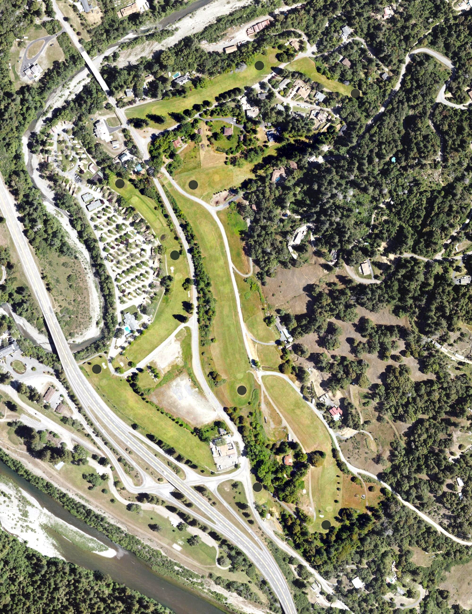 Aerial view of Benbow Valley Golf Course, CA, with its hole routing marked