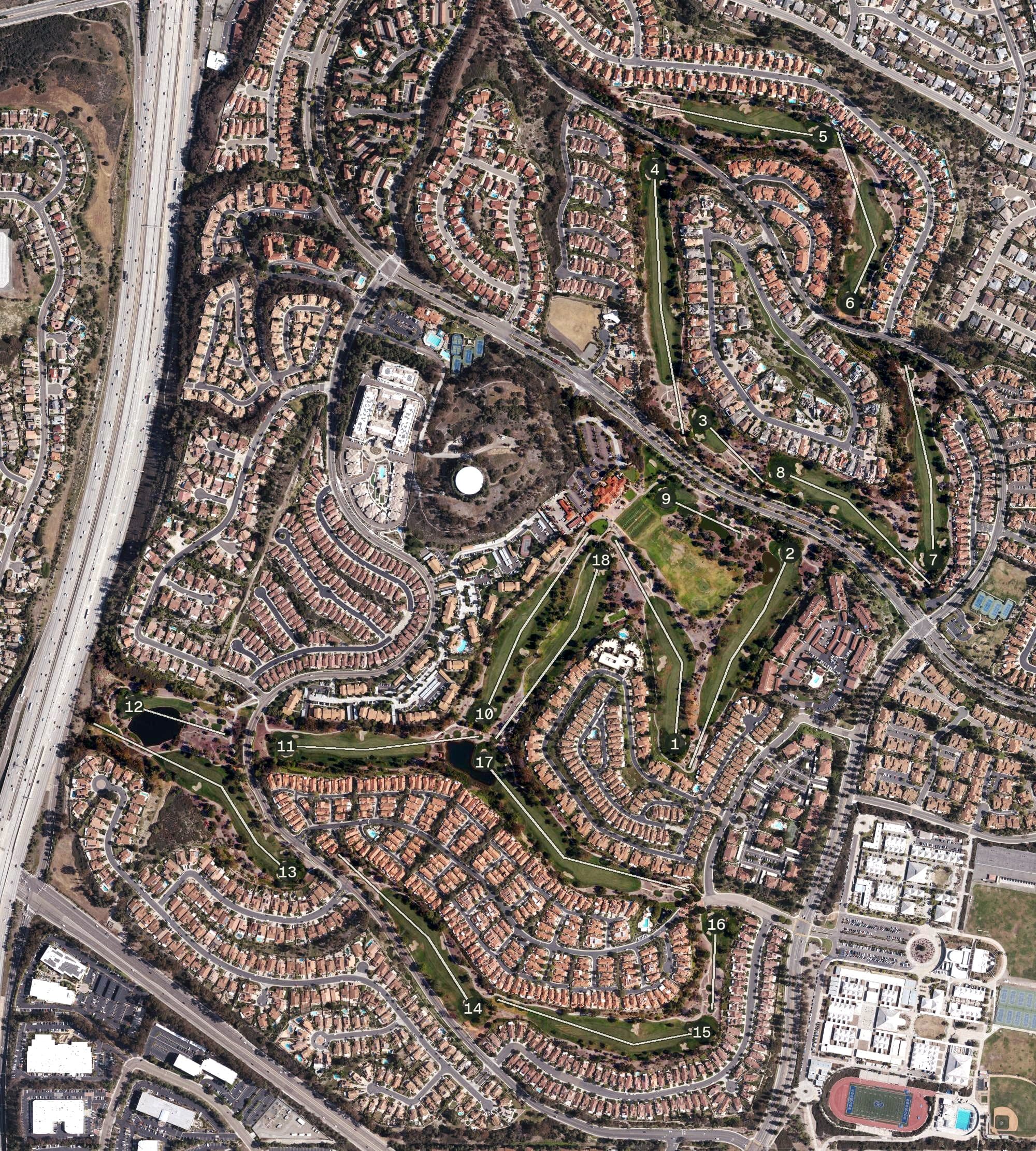 Aerial view of Bernardo Heights Country Club, CA, with its hole routing marked