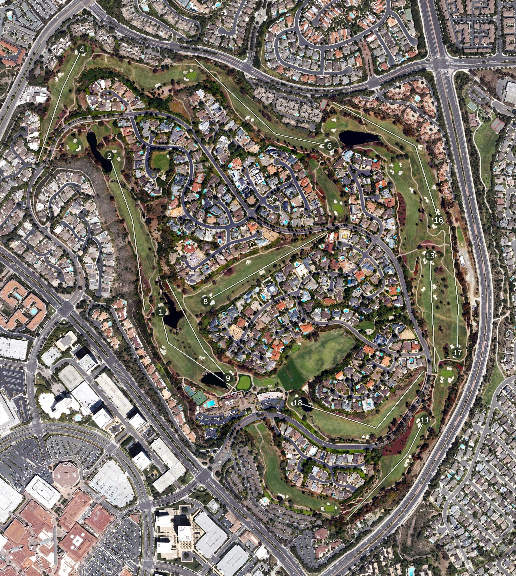 Aerial view of Big Canyon Country Club, CA, with its hole routing marked