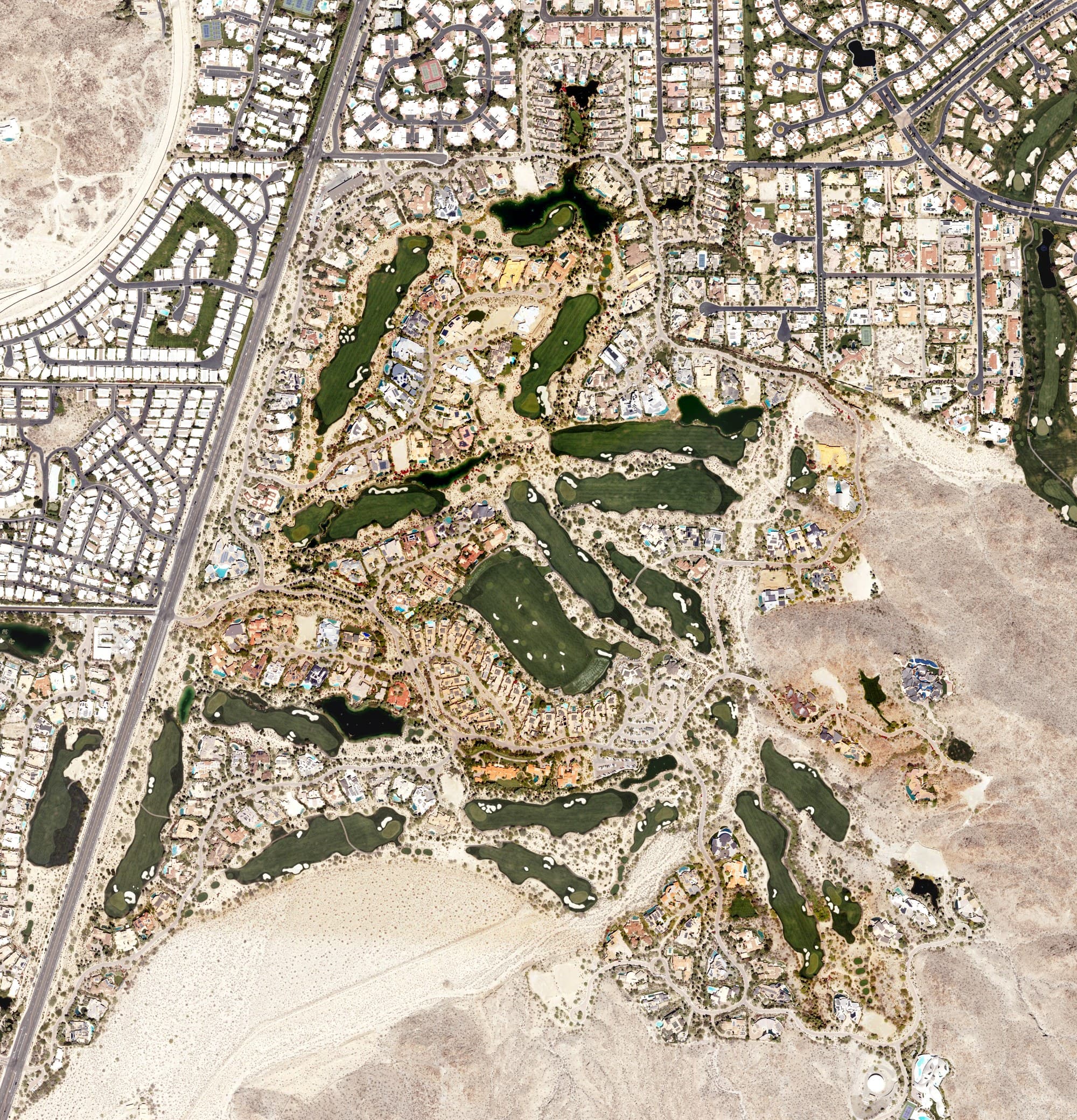 Aerial view of Big Horn Golf Club - Canyons Course, CA, with its hole routing marked
