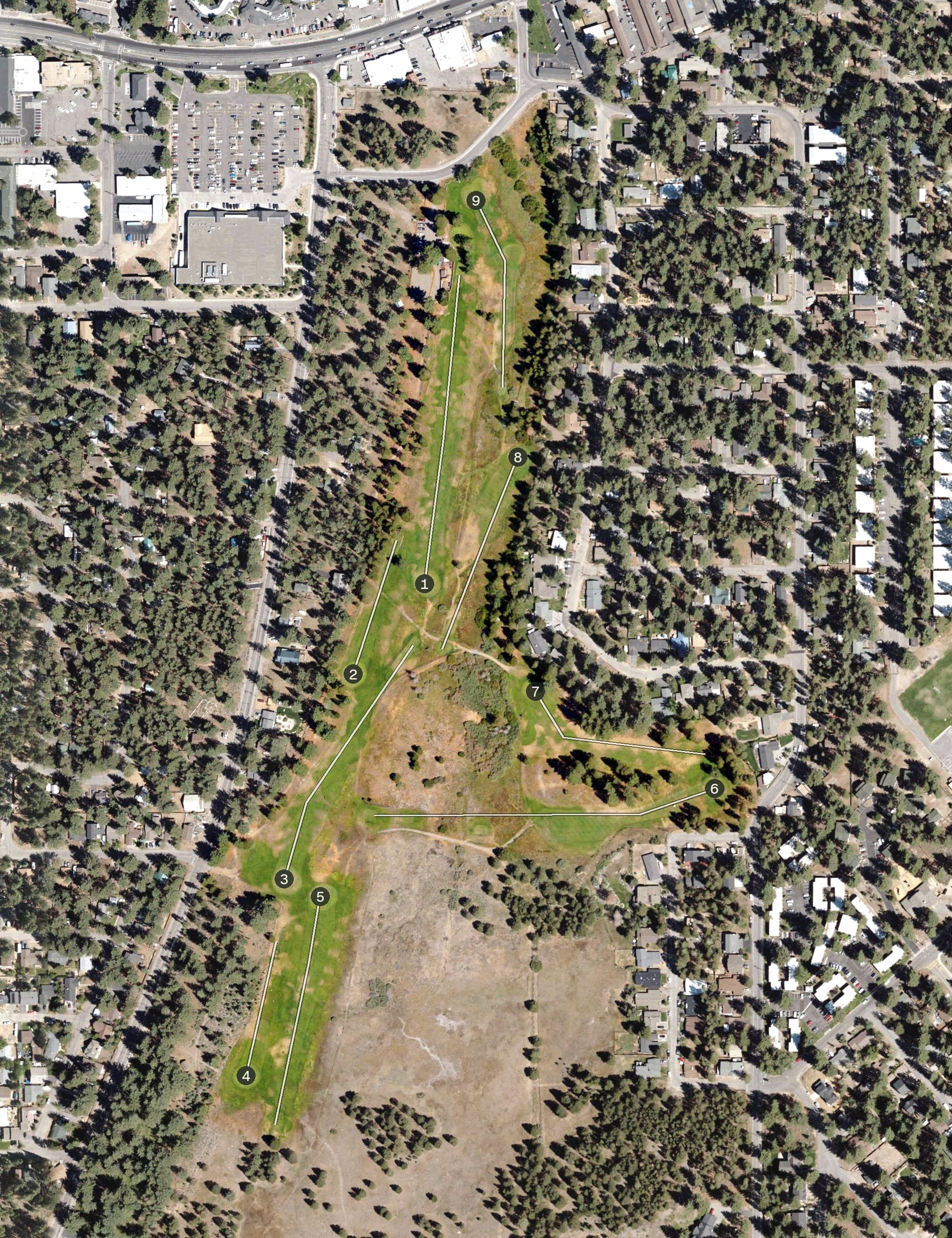 Aerial view of Bijou Municipal Golf Course, CA, with its hole routing marked