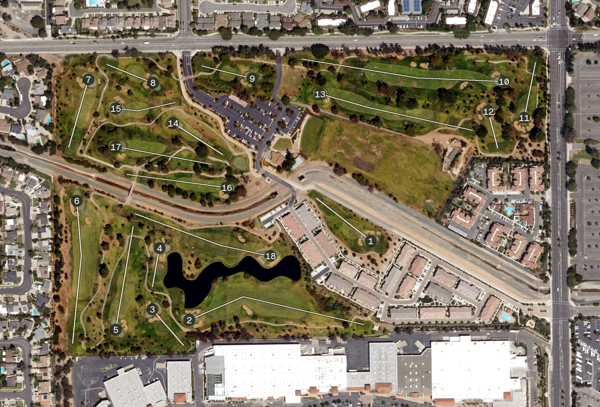 Aerial view of Birch Hills Golf Course, CA, with its hole routing marked