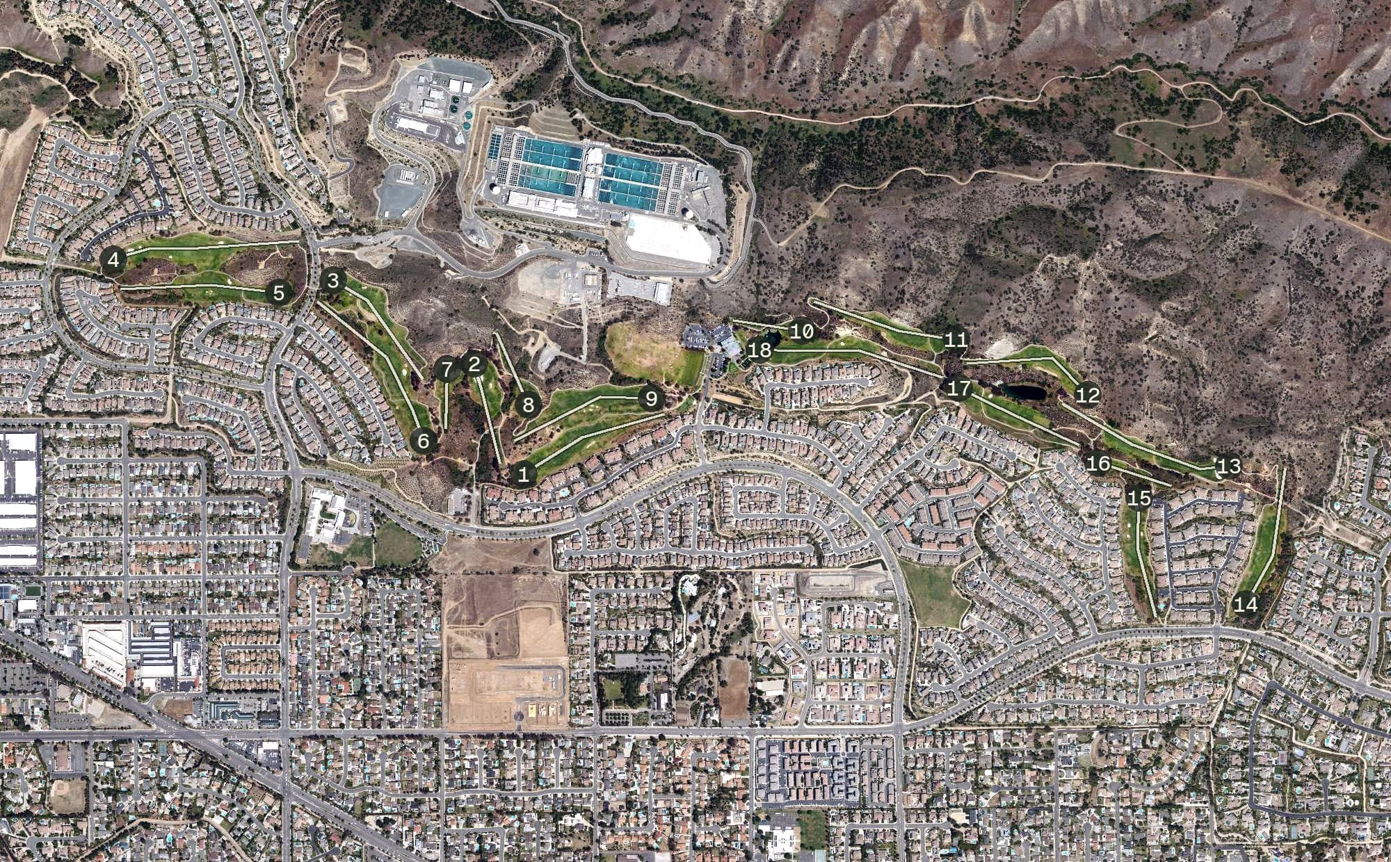 Aerial view of Black Gold Golf Club, CA, with its hole routing marked