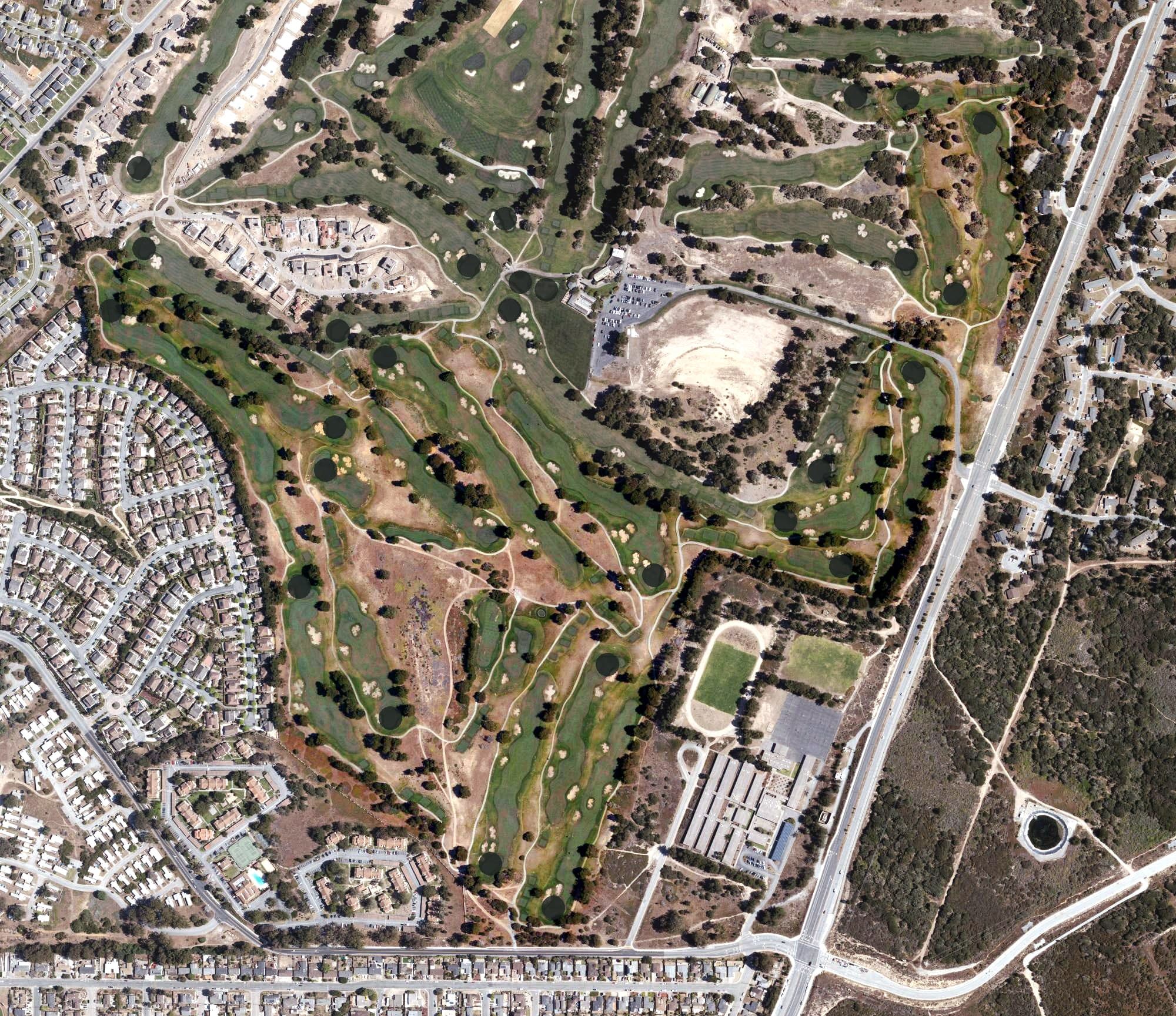 Aerial view of Black Horse Golf Course, CA, with its hole routing marked