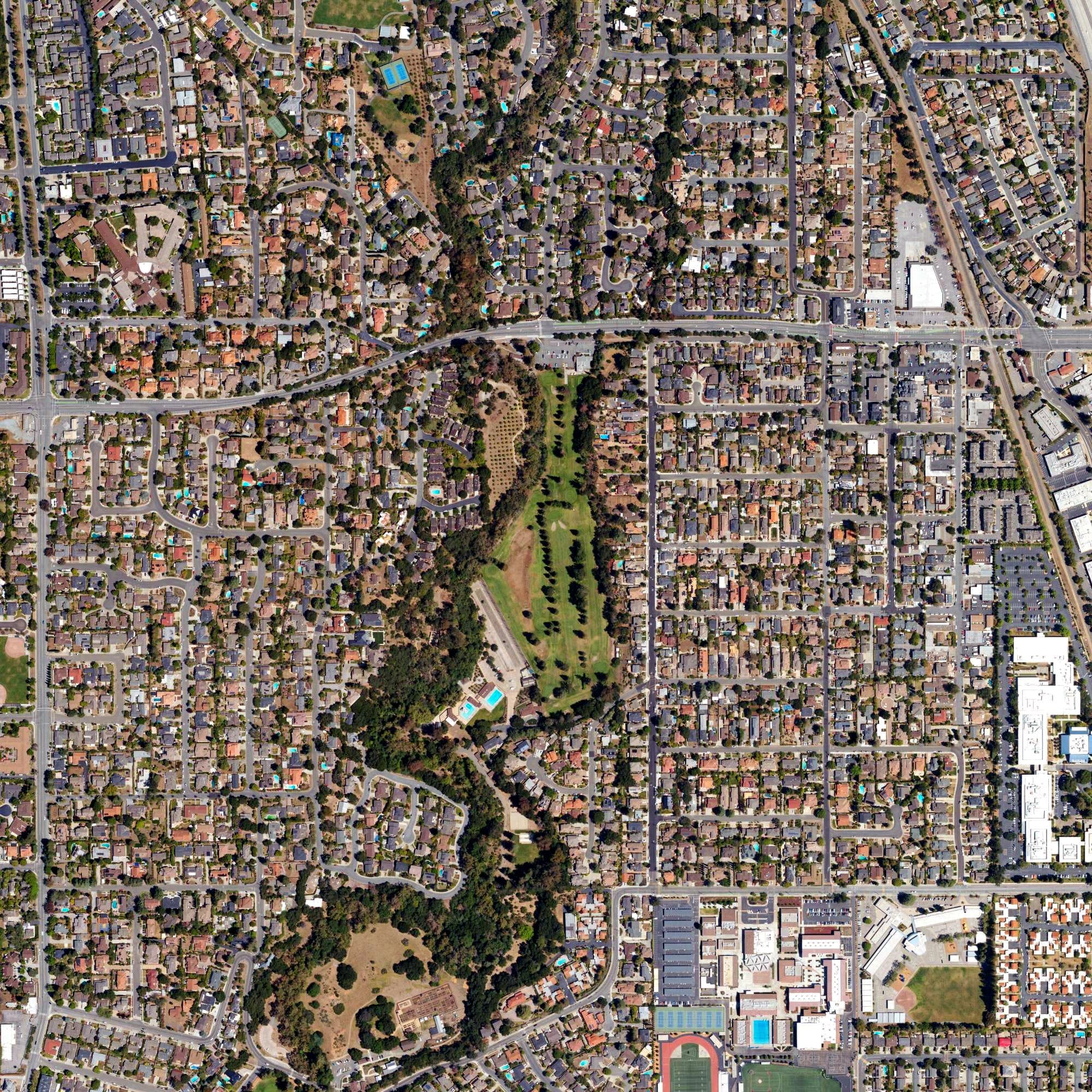 Aerial view of Blackberry Farm Golf Course, CA, with its hole routing marked