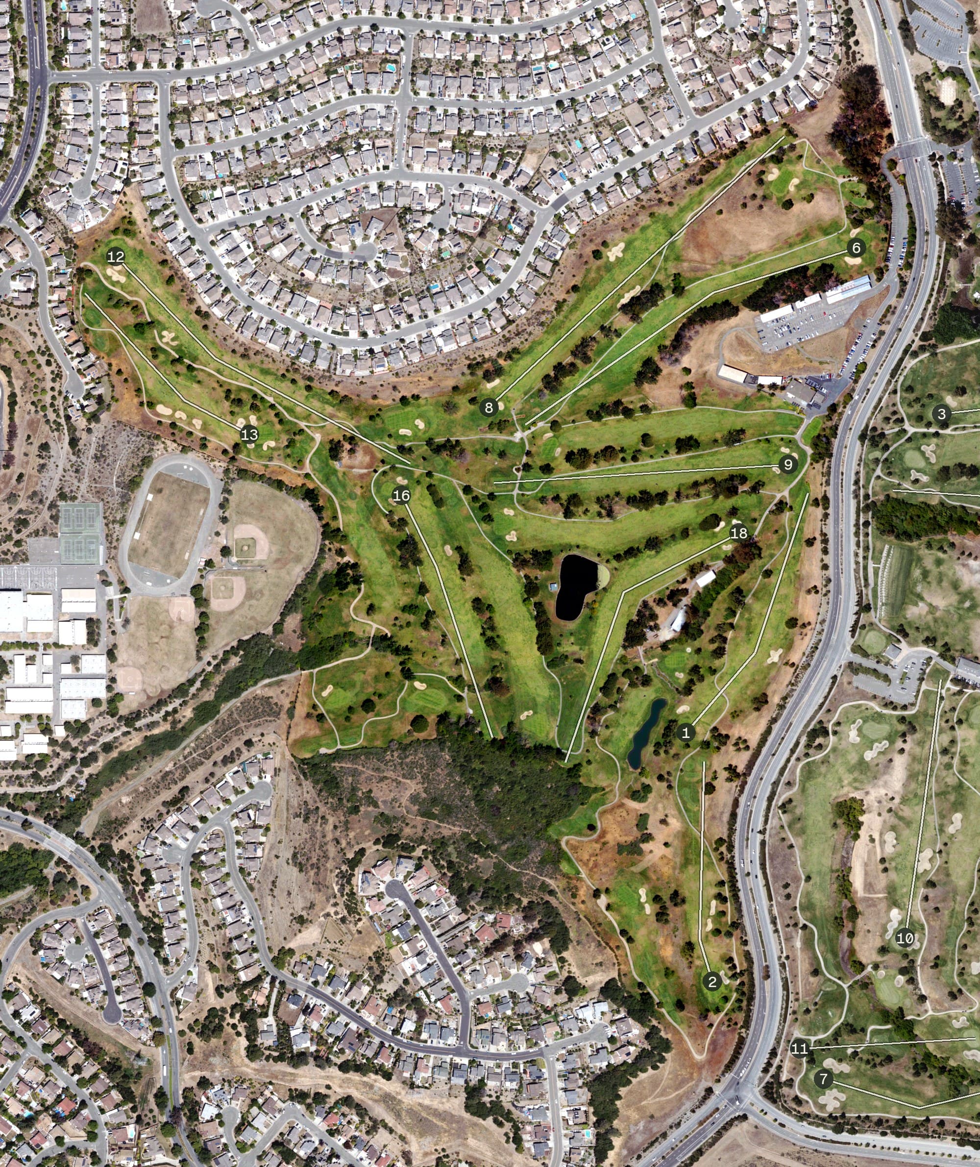 Aerial view of Blue Rock Spring Golf Club - West Course, CA, with its hole routing marked