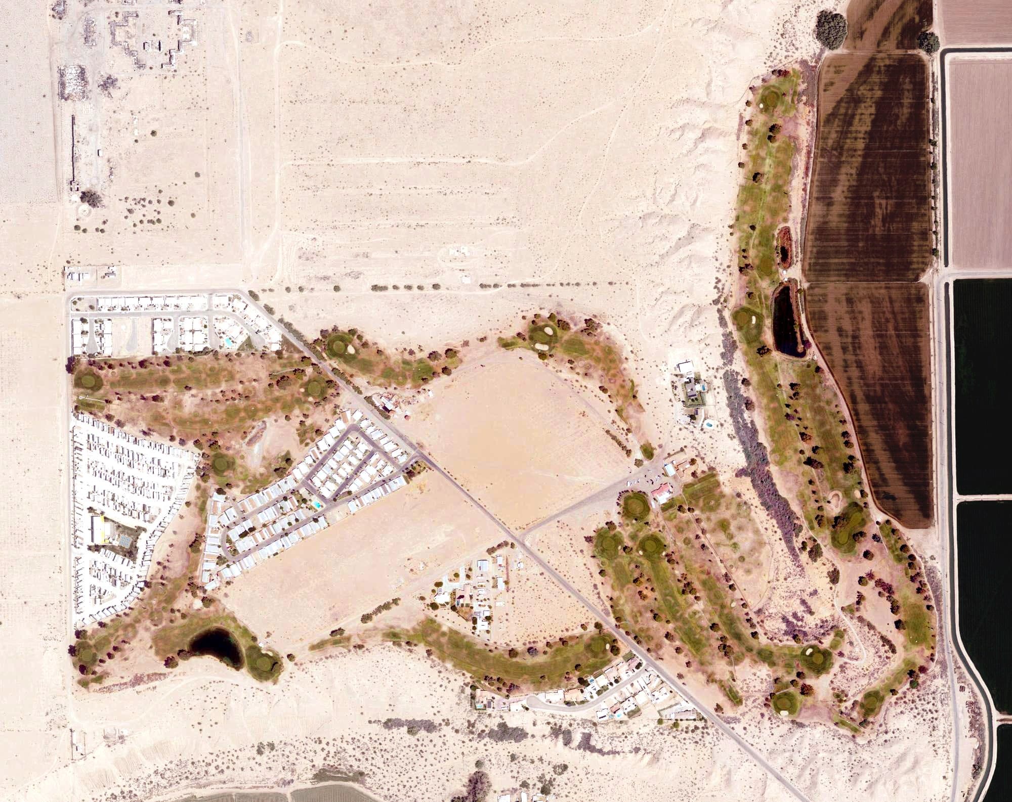 Aerial view of Blythe Golf Course, CA, with its hole routing marked